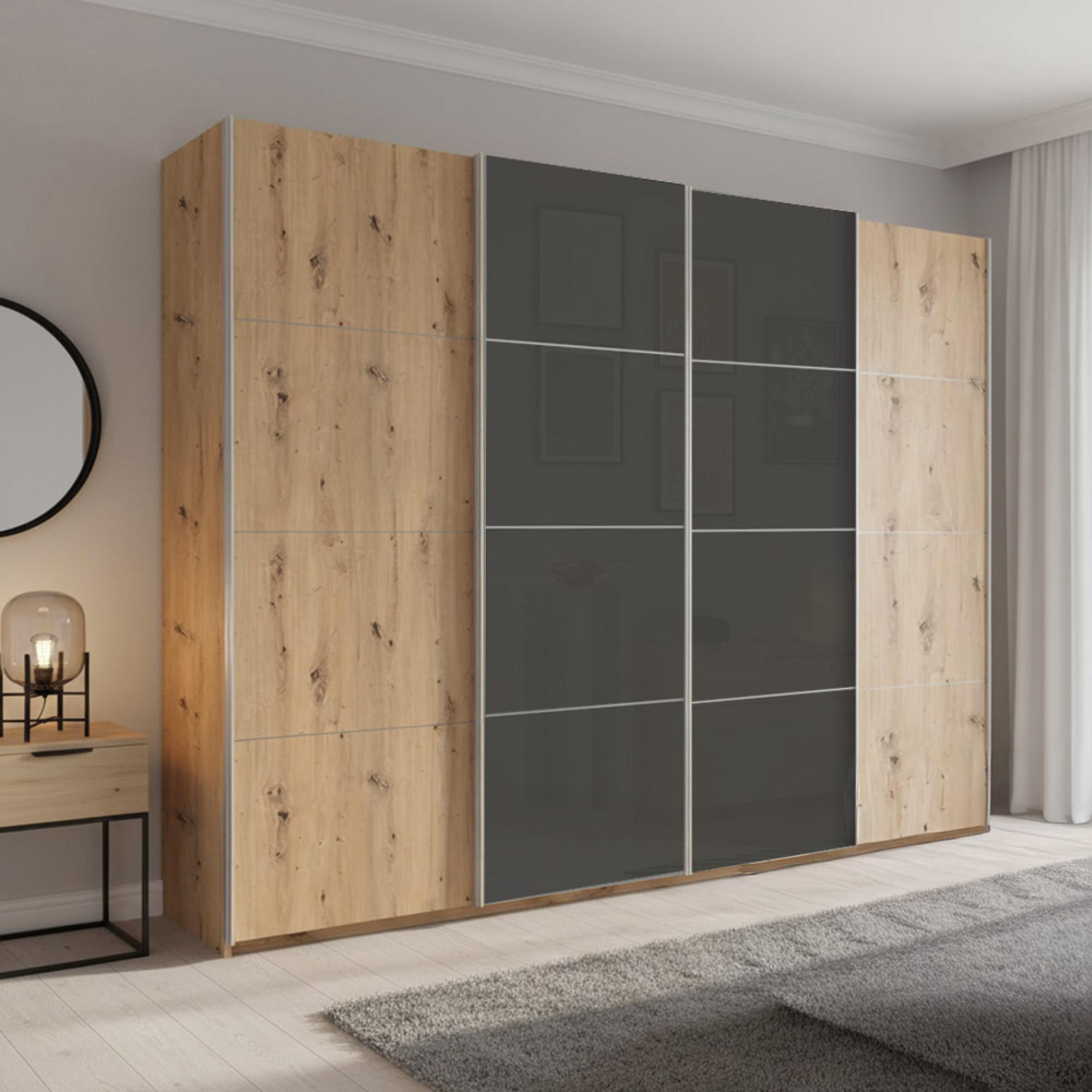 Beluga Extra Sliding Wardrobe - 271cm - 4 Door - Artisan Oak & Basalt Glass Front