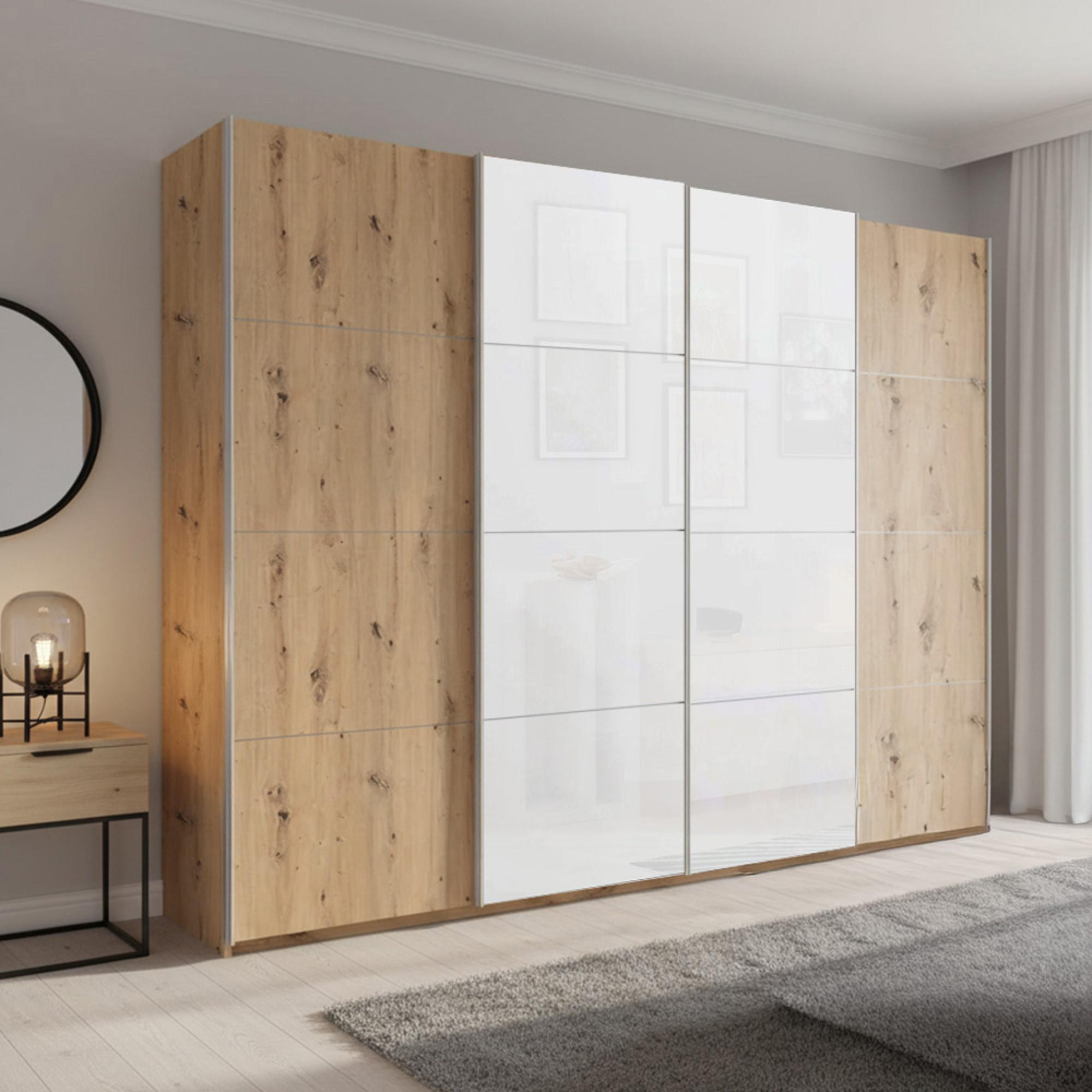 Beluga Extra Sliding Wardrobe - 271cm - 4 Door - Artisan Oak & White Glass Front