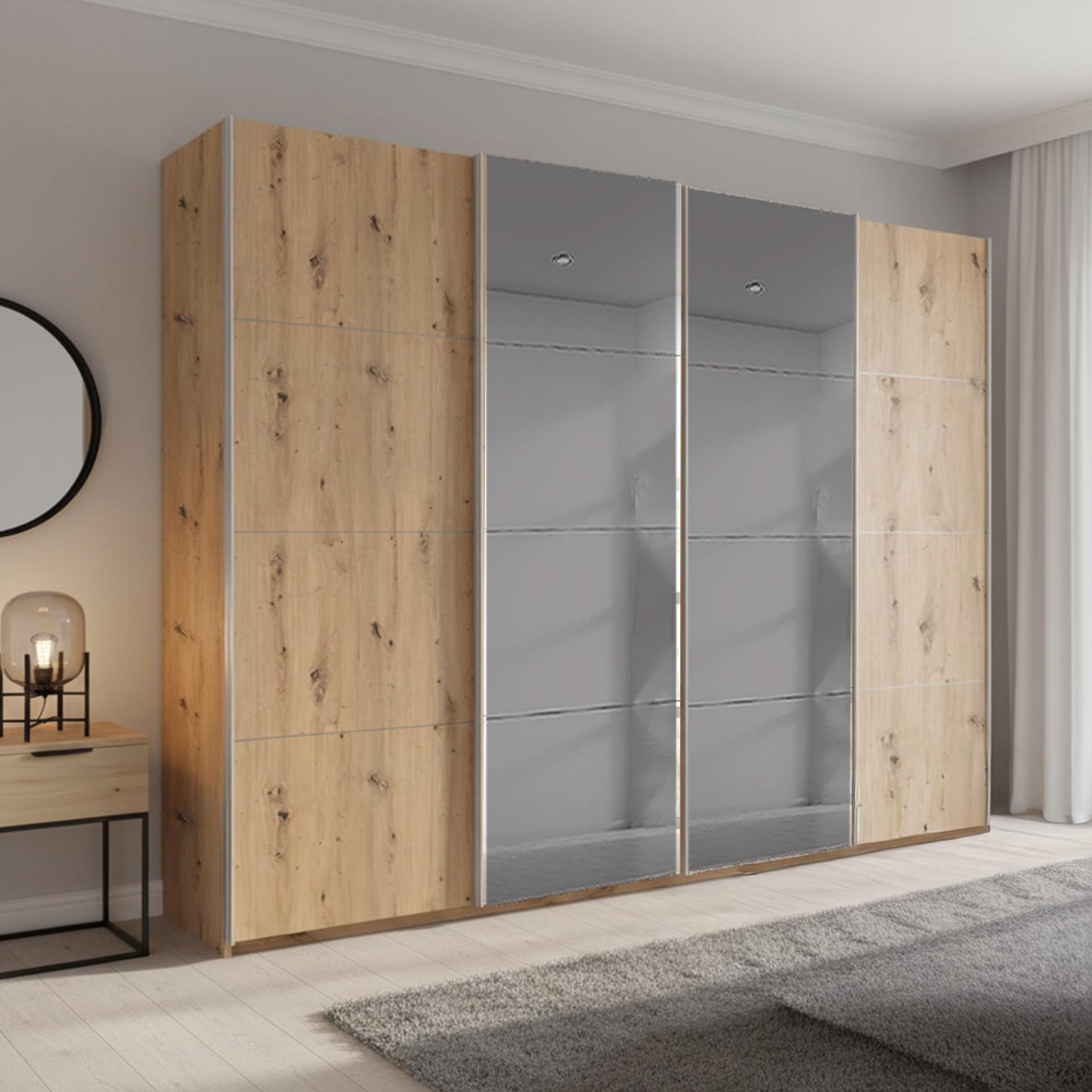 Rauch Beluga Extra 271cm 4 Door Sliding Wardrobe with Grey Mirror - Artisan Oak