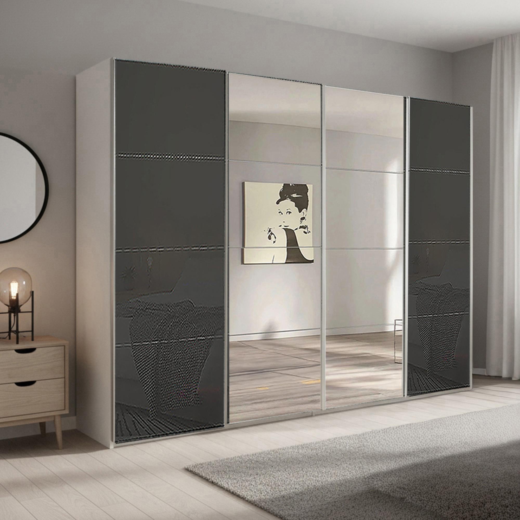 Beluga Extra Sliding Wardrobe - 271cm - 4 Door - Mirror - Alpine White & Basalt Glass