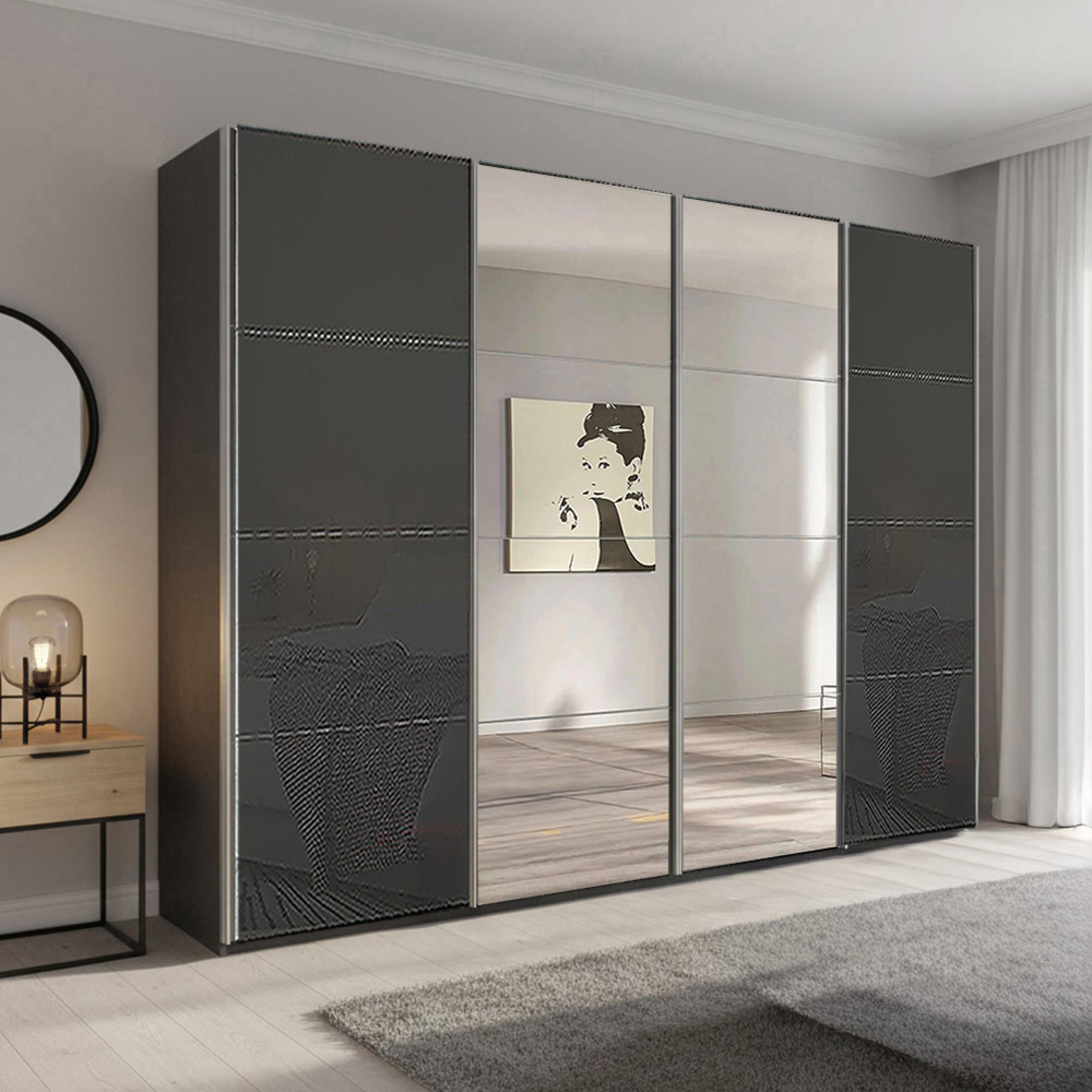 Beluga Extra Sliding Wardrobe - 271cm - 4 Door - Mirror - Graphite & Basalt Glass