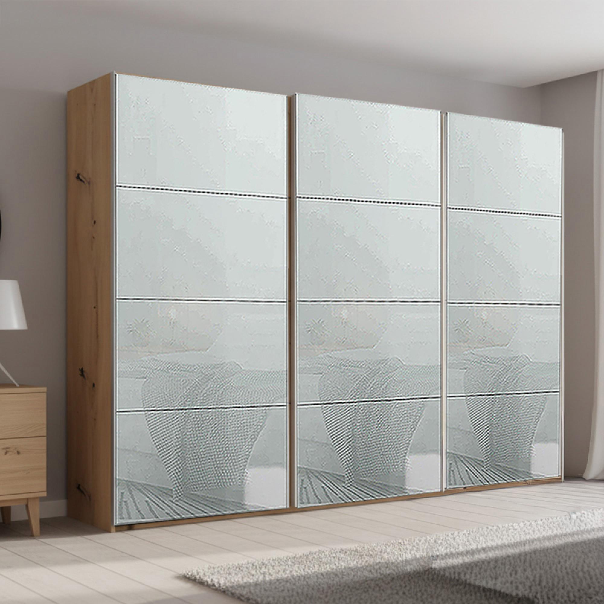 Beluga Extra Sliding Wardrobe - 316cm - 3 Door - Artisan Oak & Silk Grey Glass
