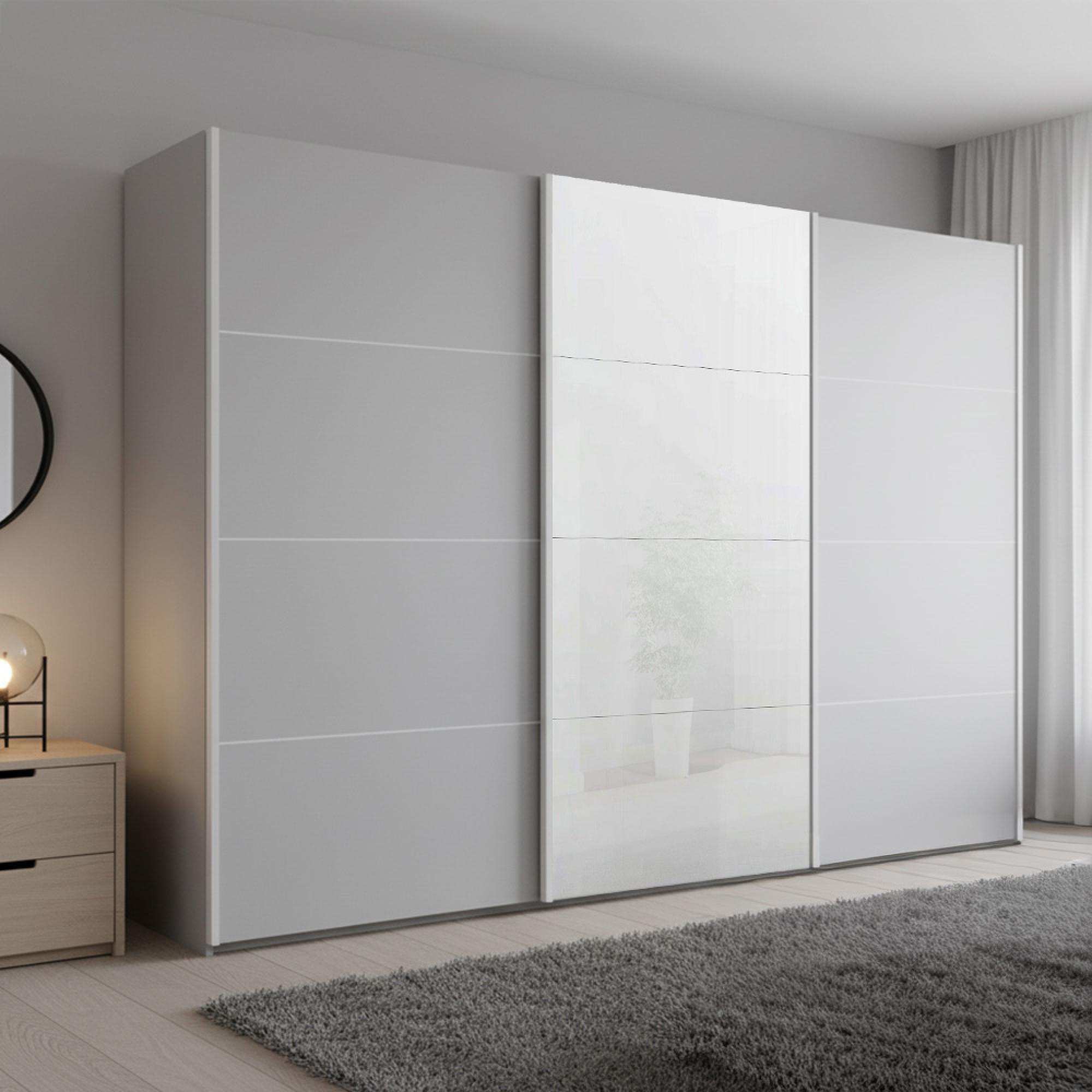 Beluga Extra Sliding Wardrobe - 316cm - 3 Door - White High Gloss & Silk Grey Front