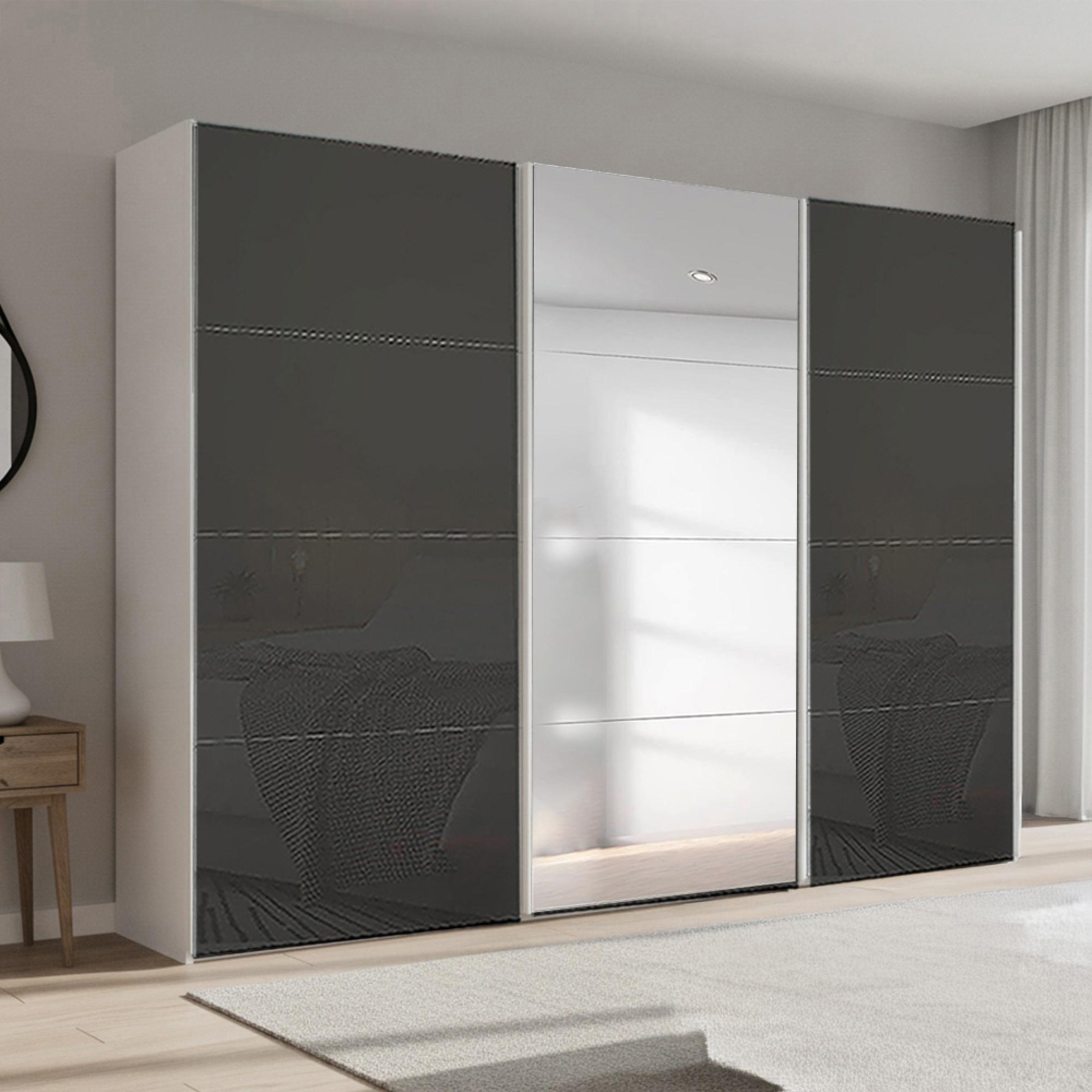 Beluga Extra Sliding Wardrobe - 316cm - 3 Door - Mirror - Alpine White & Basalt Glass