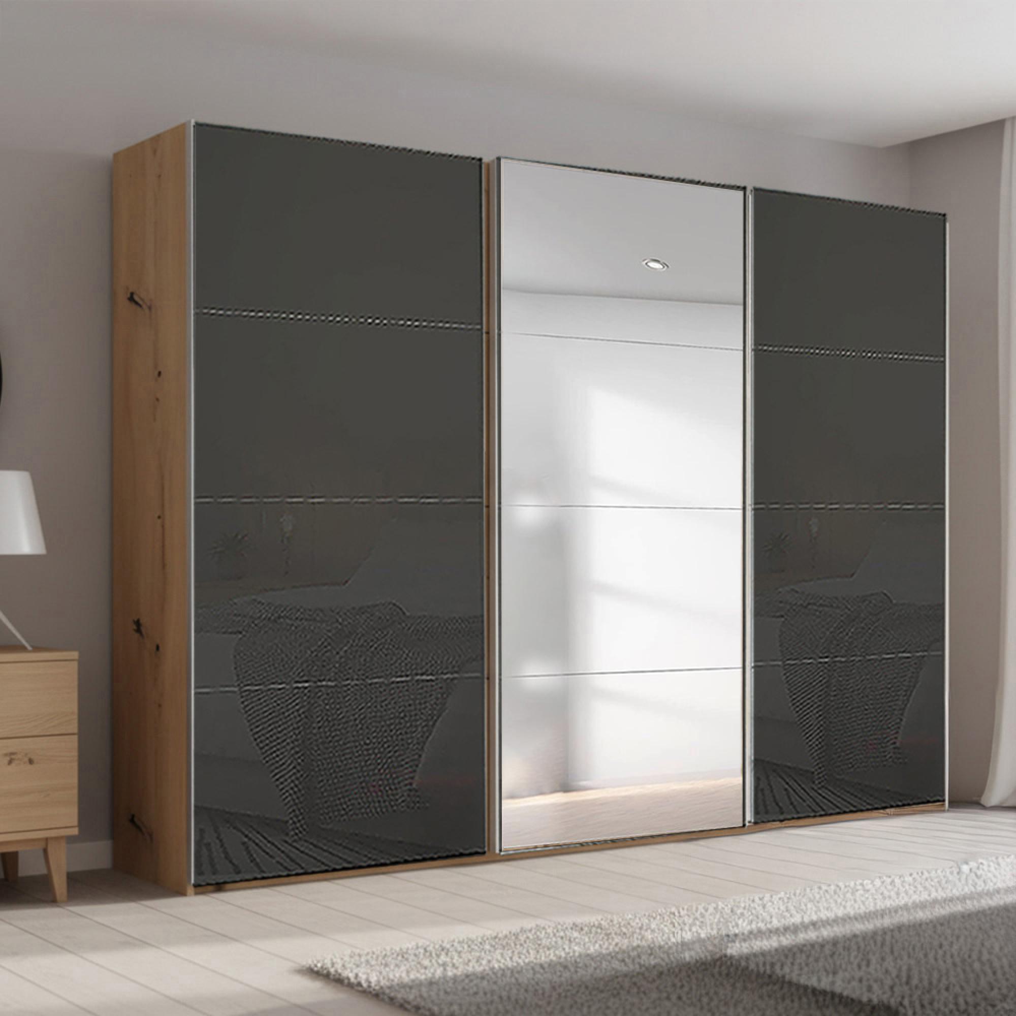 Beluga Extra Sliding Wardrobe - 316cm - 3 Door - Mirror - Artisan Oak & Basalt Glass