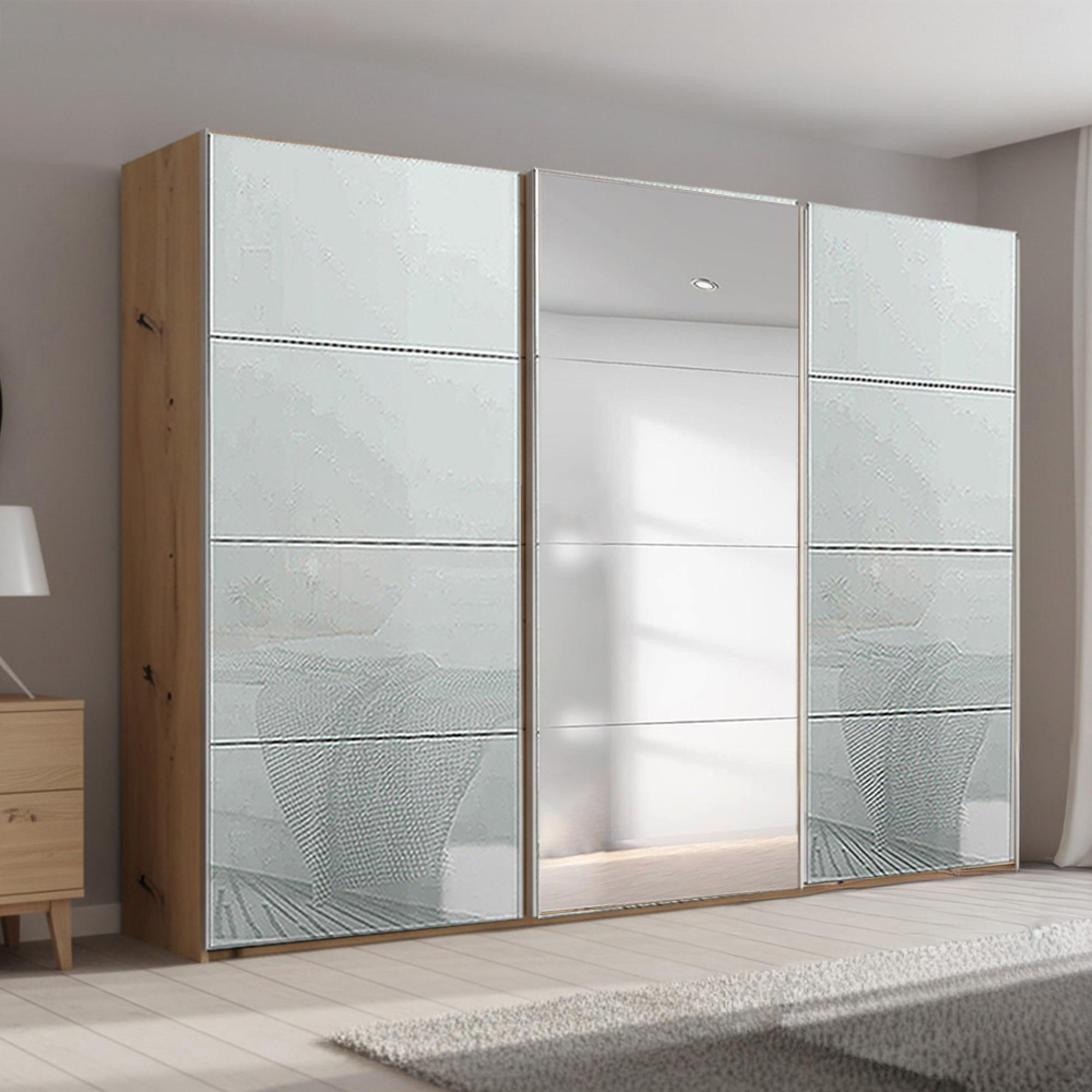Beluga Extra Sliding Wardrobe - 316cm - 3 Door - Mirror - Artisan Oak & Silk Grey Glass