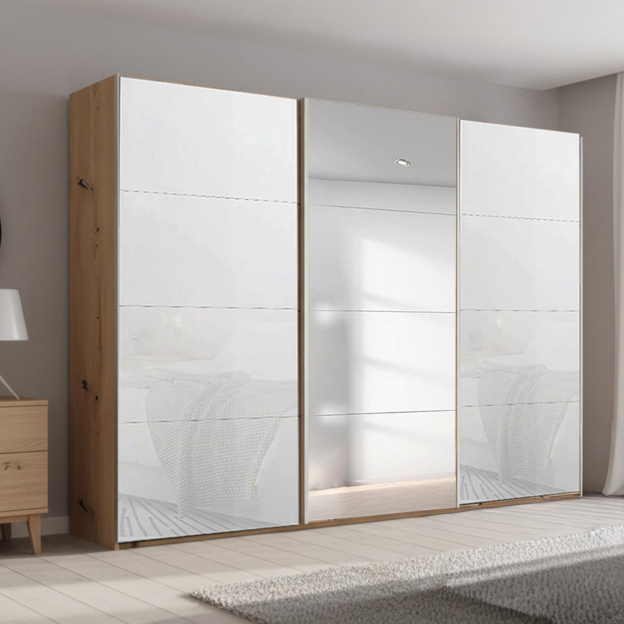Beluga Extra Sliding Wardrobe - 316cm - 3 Door - Mirror - Artisan Oak & White Glass