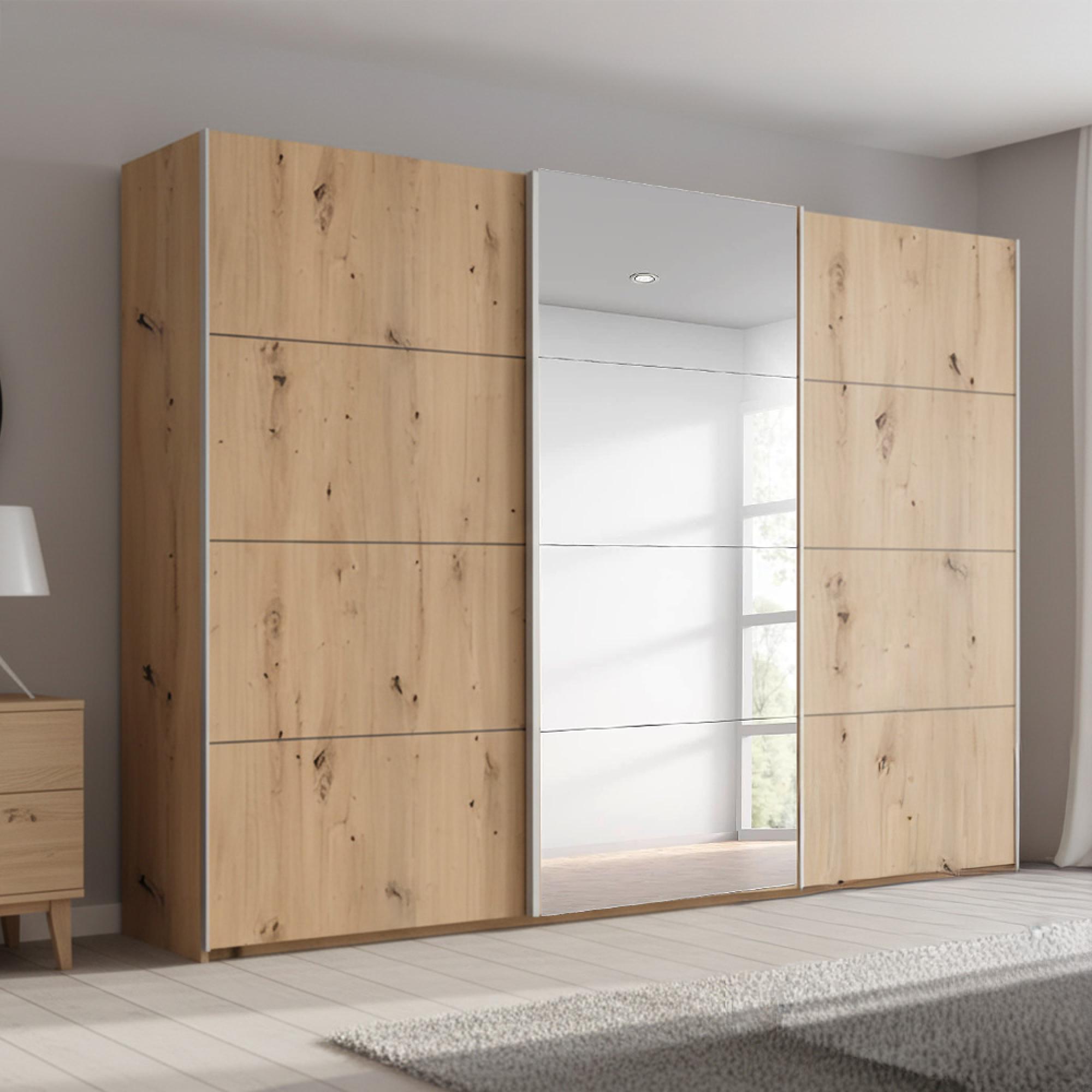 Beluga Extra Sliding Wardrobe - 316cm - 3 Door - Mirror - Artisan Oak