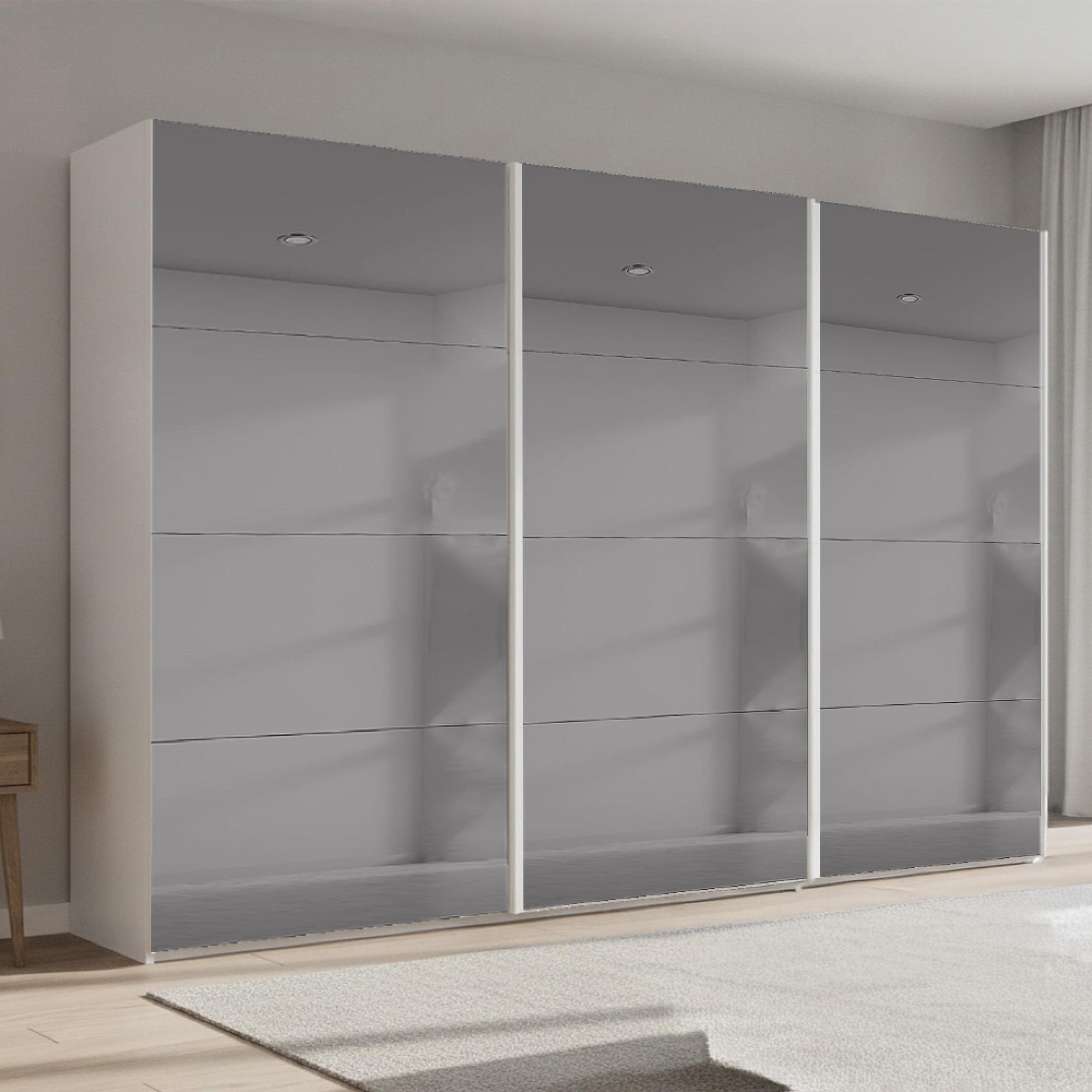 Beluga Extra Sliding Wardrobe - 361cm - 3 Door - Grey Mirrored - Alpine White