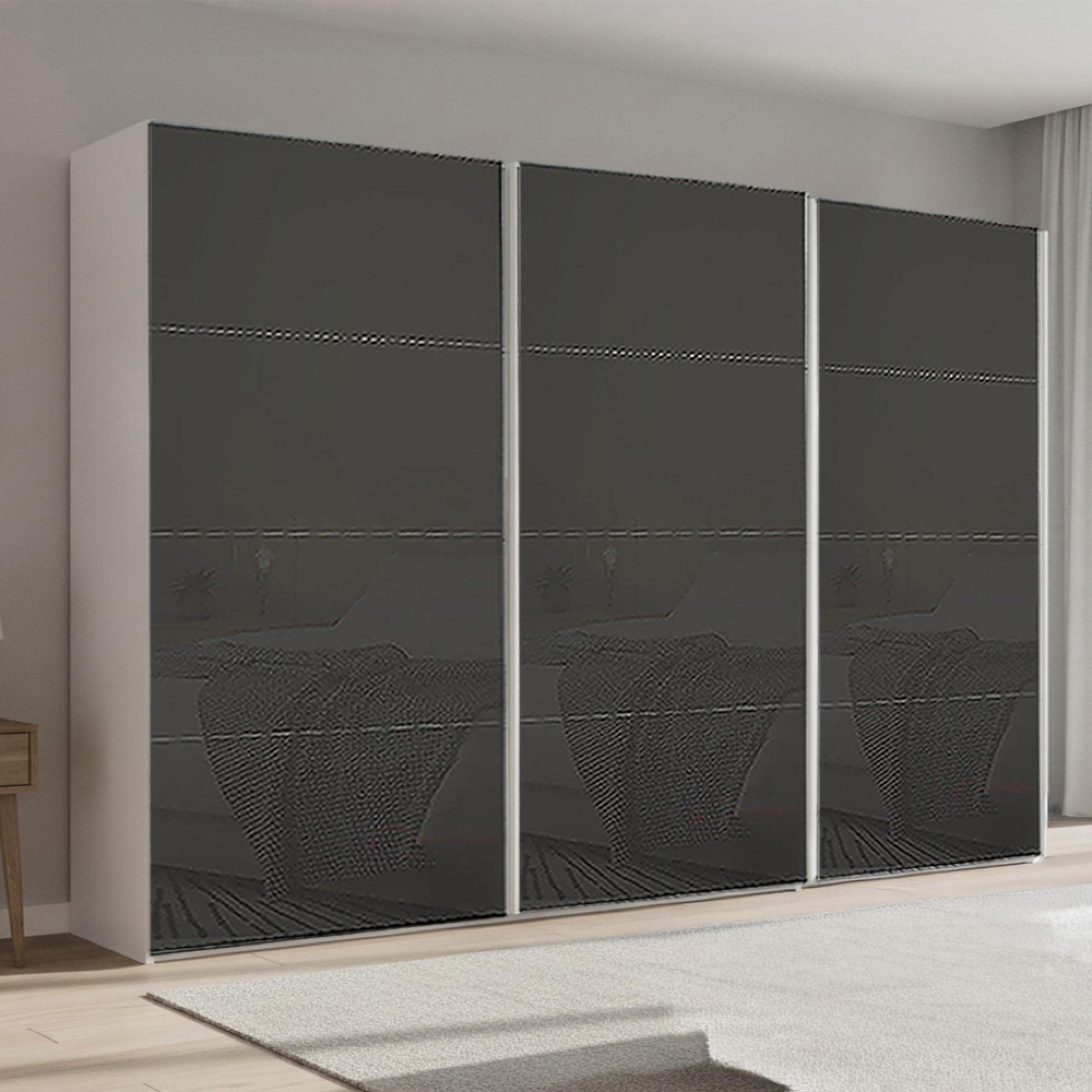 Beluga Extra Sliding Wardrobe - 361cm - 3 Door - Alpine White & Basalt Glass