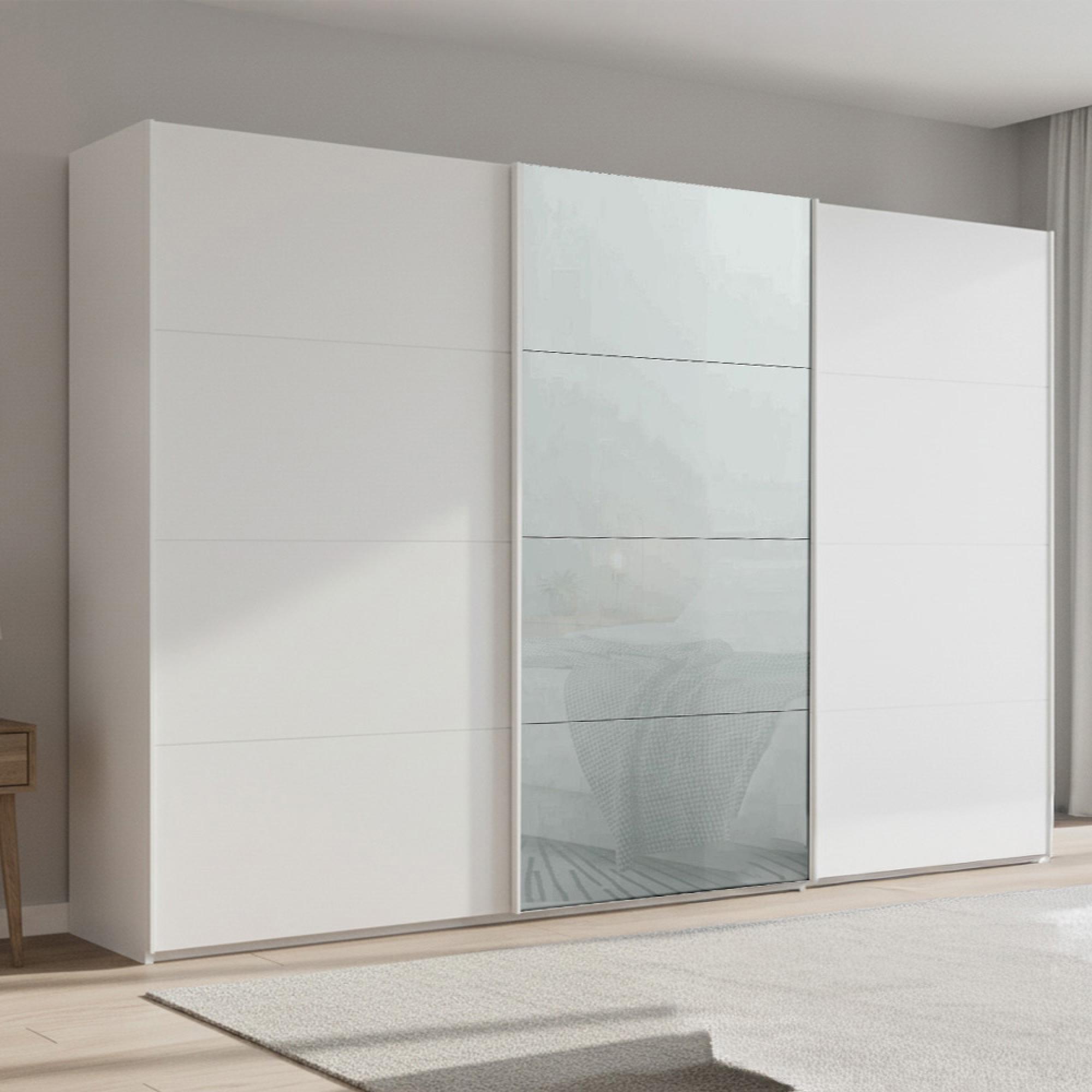 Beluga Extra Sliding Wardrobe - 361cm - 3 Door - Alpine White & Silk Grey Glass Front