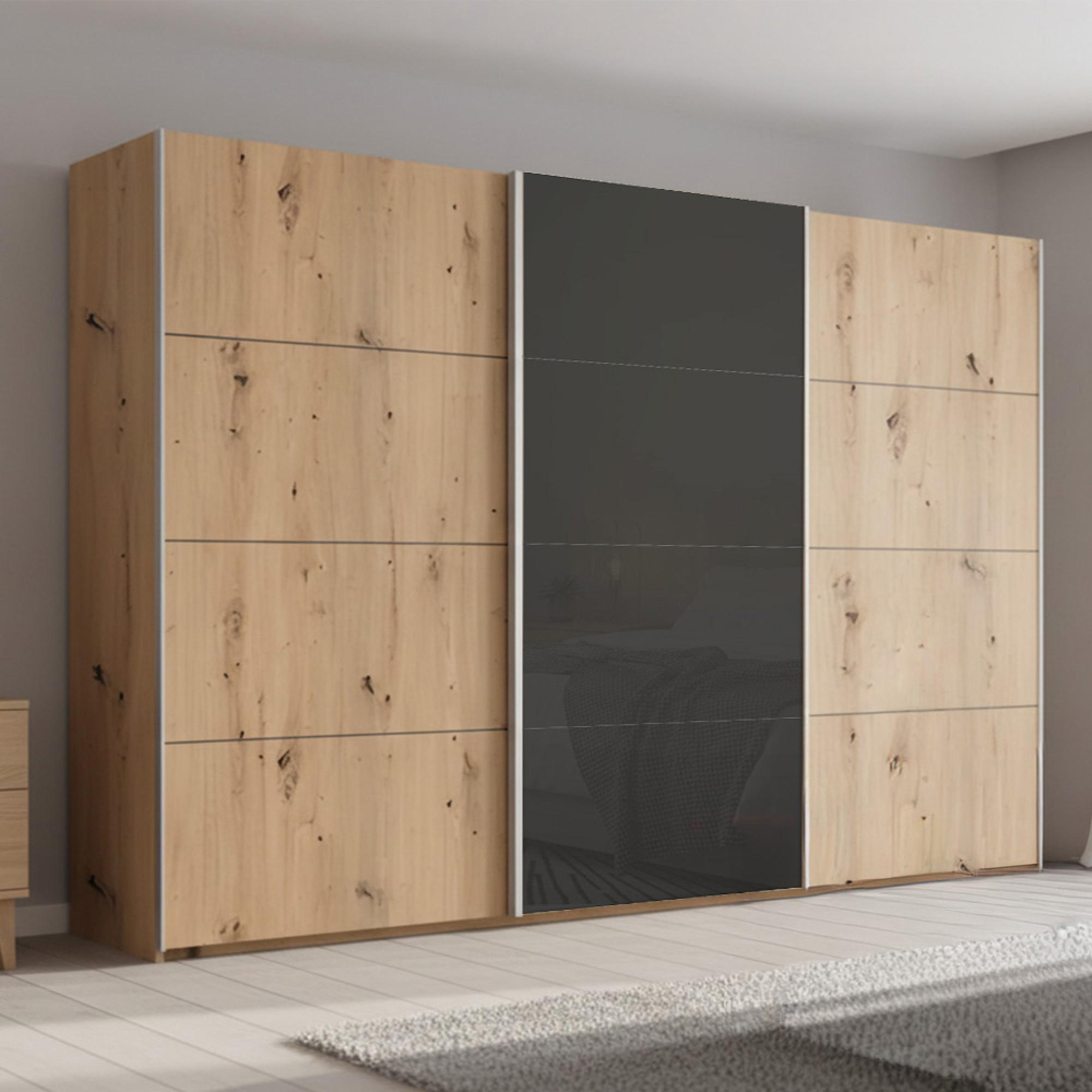 Beluga Extra Sliding Wardrobe - 361cm - 3 Door - Artisan Oak & Basalt Glass Front