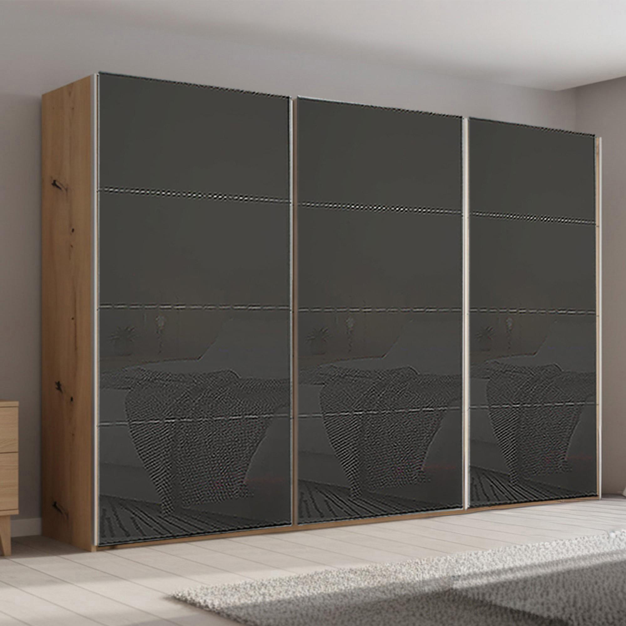 Beluga Extra Sliding Wardrobe - 361cm - 3 Door - Artisan Oak & Basalt Glass