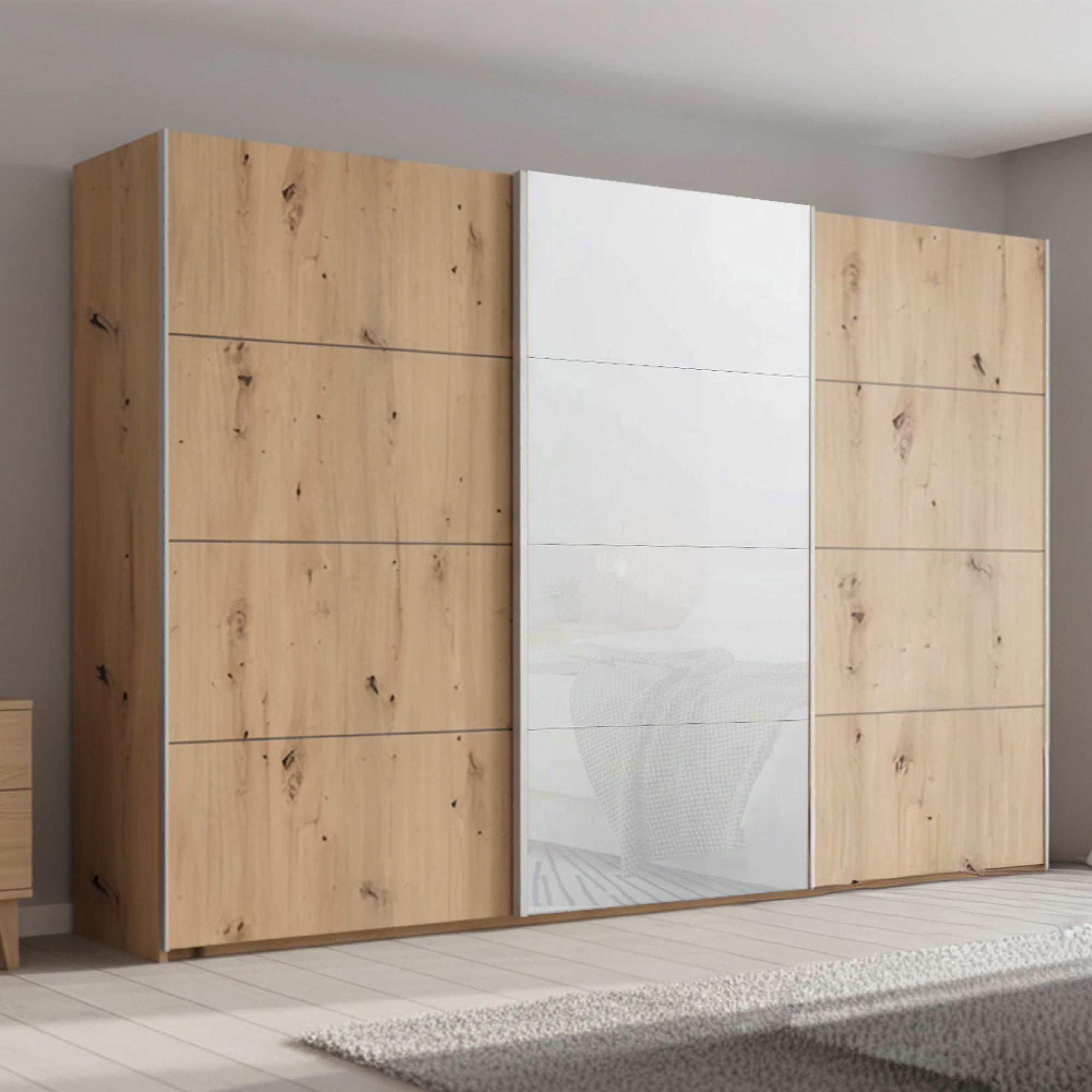 Beluga Extra Sliding Wardrobe - 361cm - 3 Door - Artisan Oak & White Glass Front