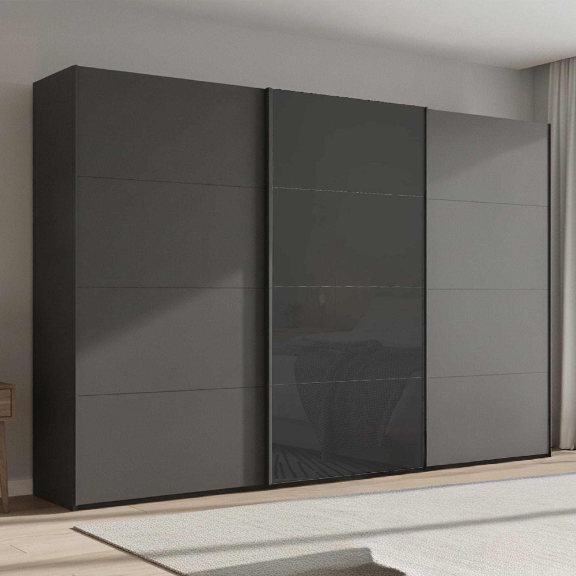Beluga Extra Sliding Wardrobe - 361cm - 3 Door - Graphite & Basalt Glass Front