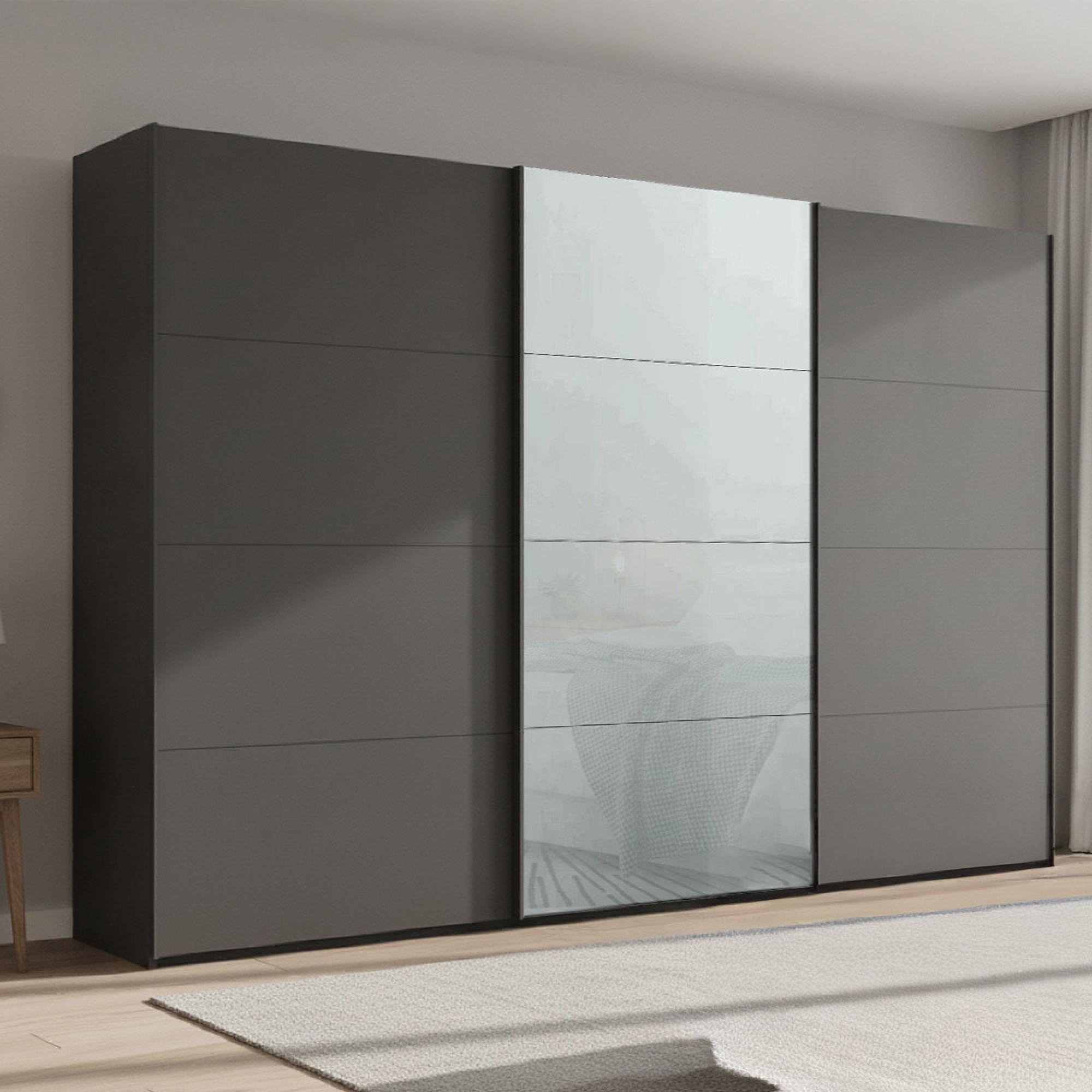 Beluga Extra Sliding Wardrobe - 361cm - 3 Door - Graphite & Silk Grey Glass Front