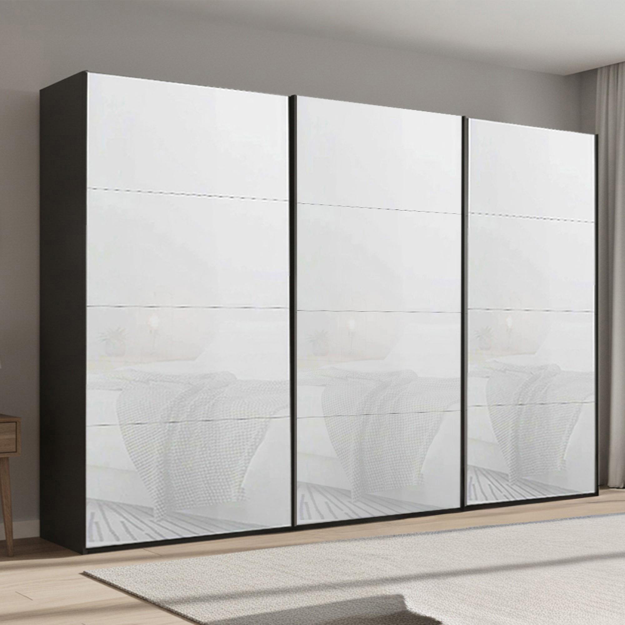 Beluga Extra Sliding Wardrobe - 361cm - 3 Door - Graphite & White Glass