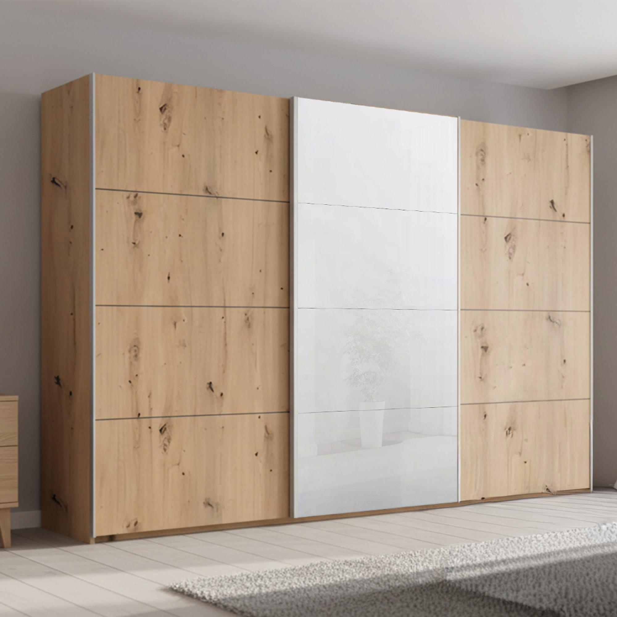 Beluga Extra Sliding Wardrobe - 361cm - 3 Door - White High Gloss & Artisan Oak Front