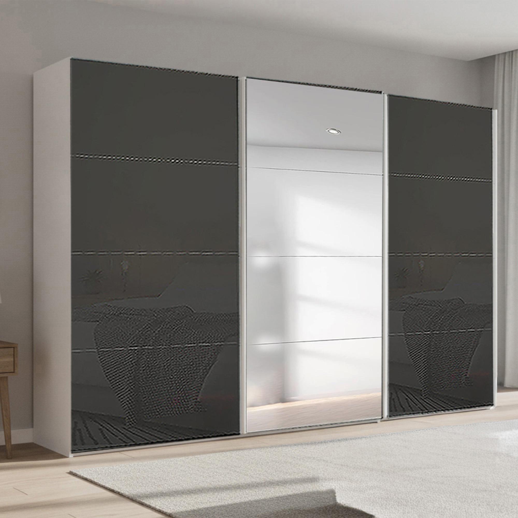 Beluga Extra Sliding Wardrobe - 361cm - 3 Door - Mirror - Alpine White & Basalt Glass