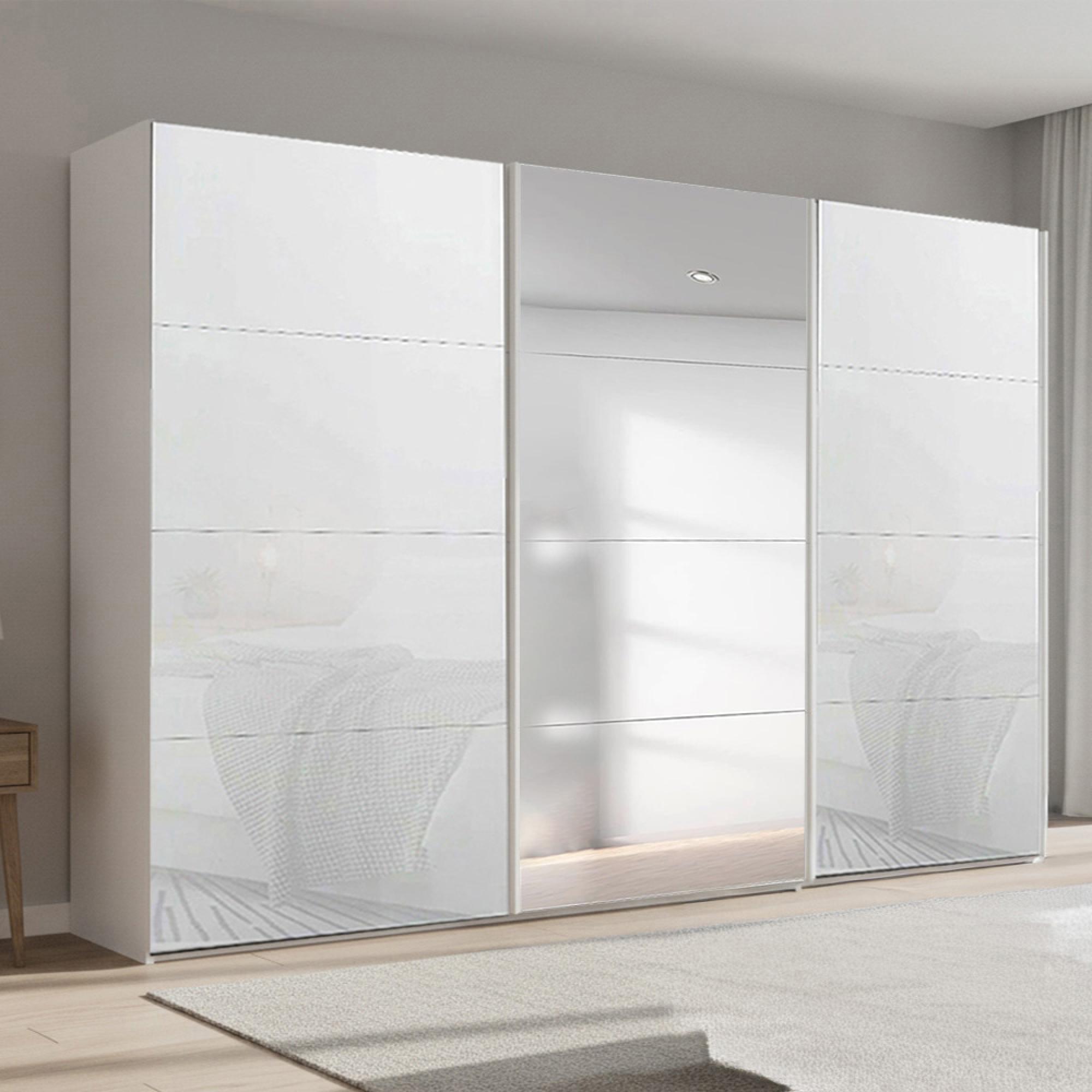 Beluga Extra Sliding Wardrobe - 361cm - 3 Door - Mirror - Alpine White & White Glass