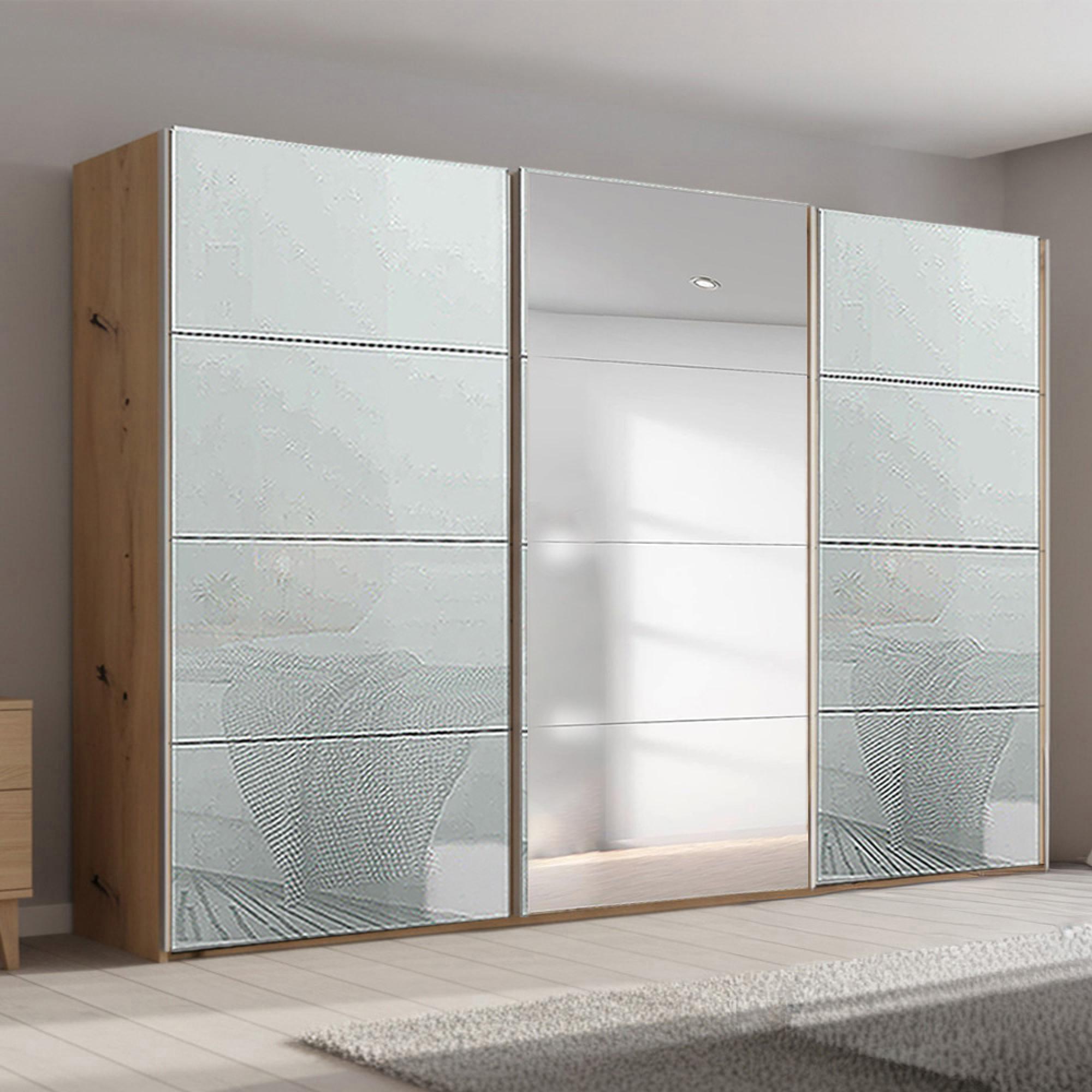 Beluga Extra Sliding Wardrobe - 361cm - 3 Door - Mirror - Artisan Oak & Silk Grey Glass