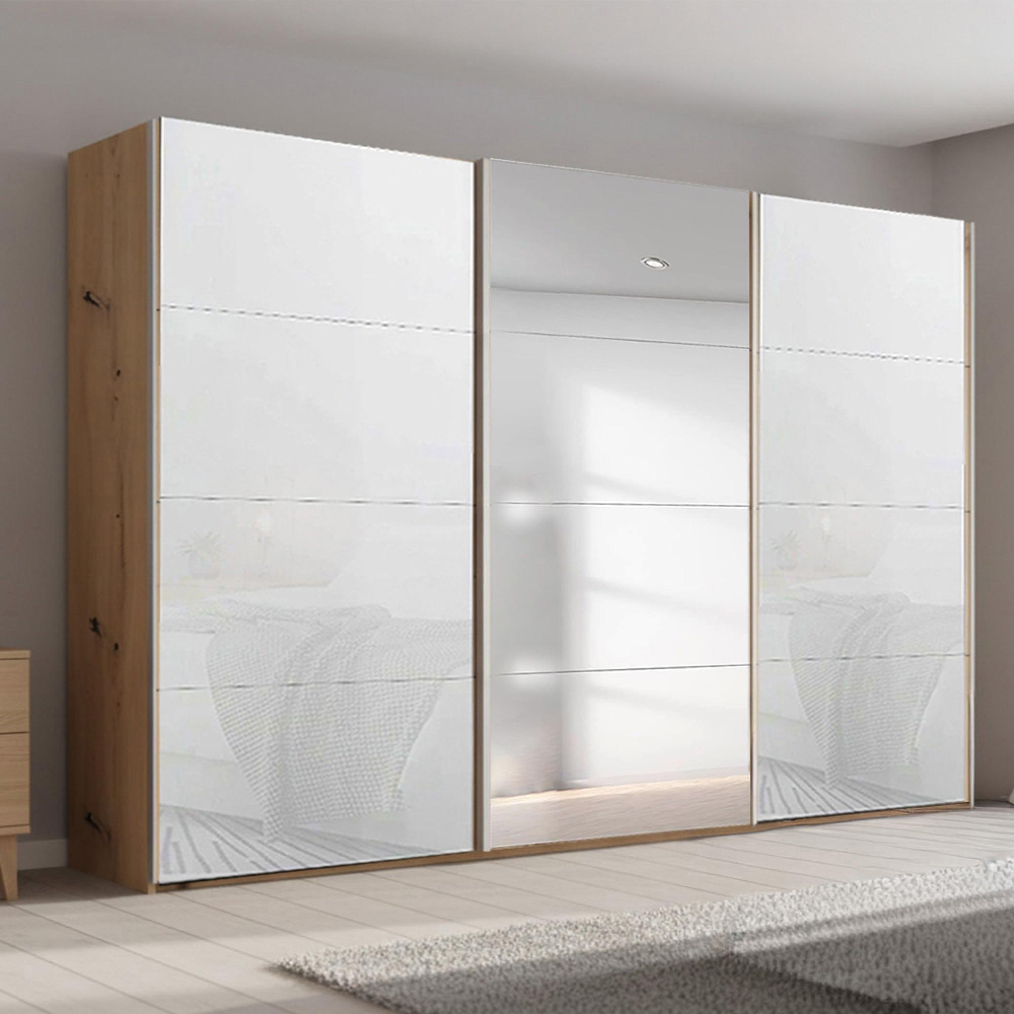 Beluga Extra Sliding Wardrobe - 361cm - 3 Door - Mirror - Artisan Oak & White Glass