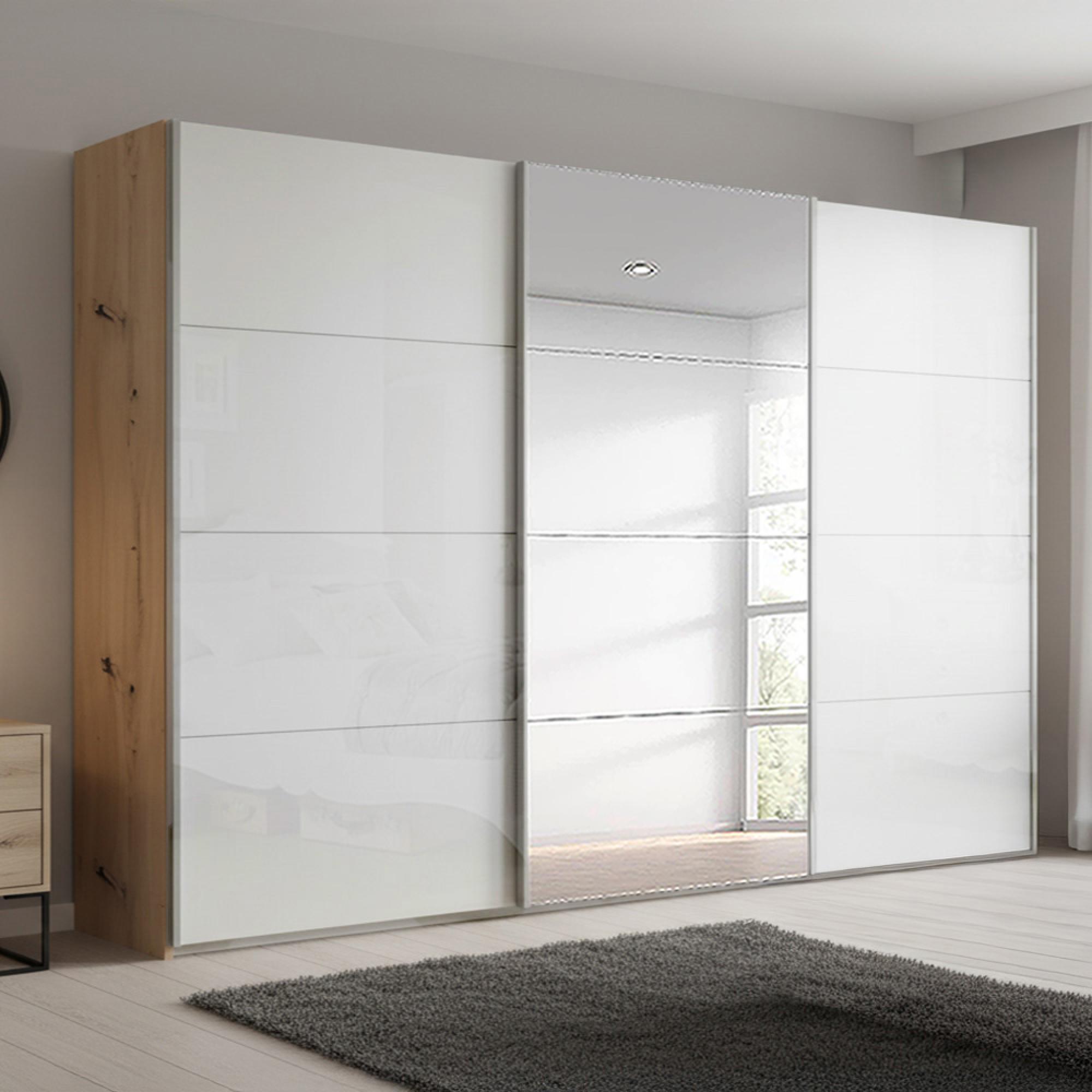 Beluga Extra Sliding Wardrobe - 361cm - 3 Door - Mirror - Artisan Oak & White High Gloss