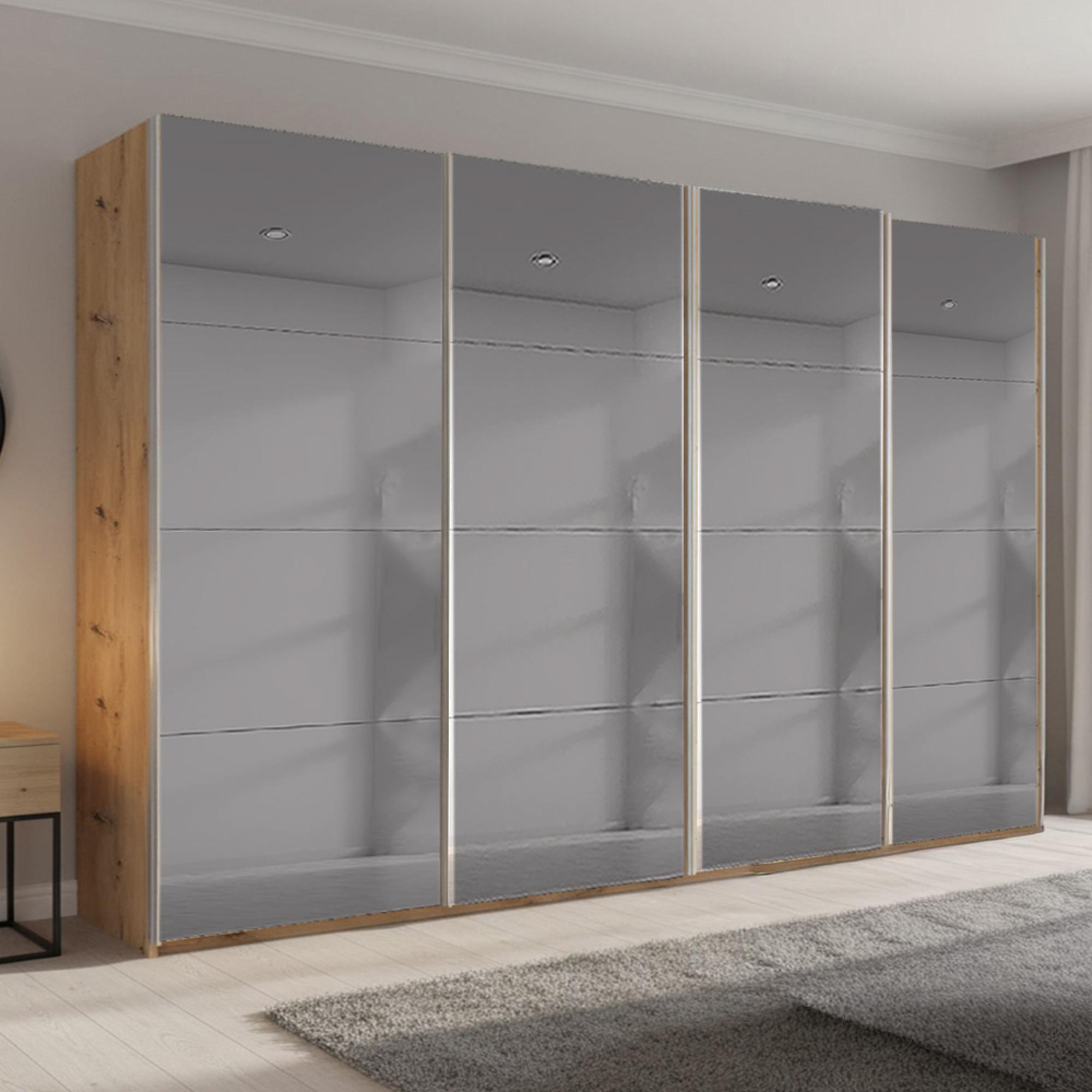 Beluga Extra Sliding Wardrobe - 361cm - 4 Door - Grey Mirrored - Artisan Oak