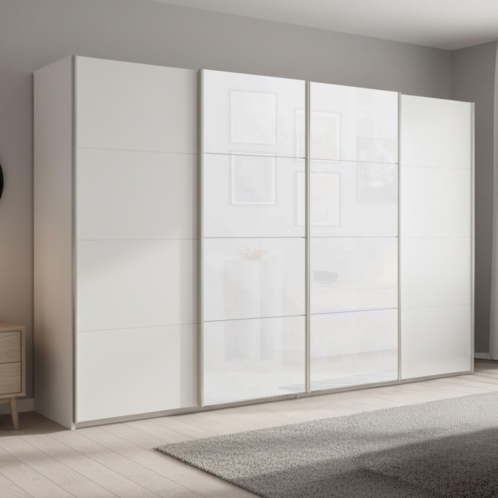 Beluga Extra Sliding Wardrobe - 361cm - 4 Door - Alpine White & White Glass Front