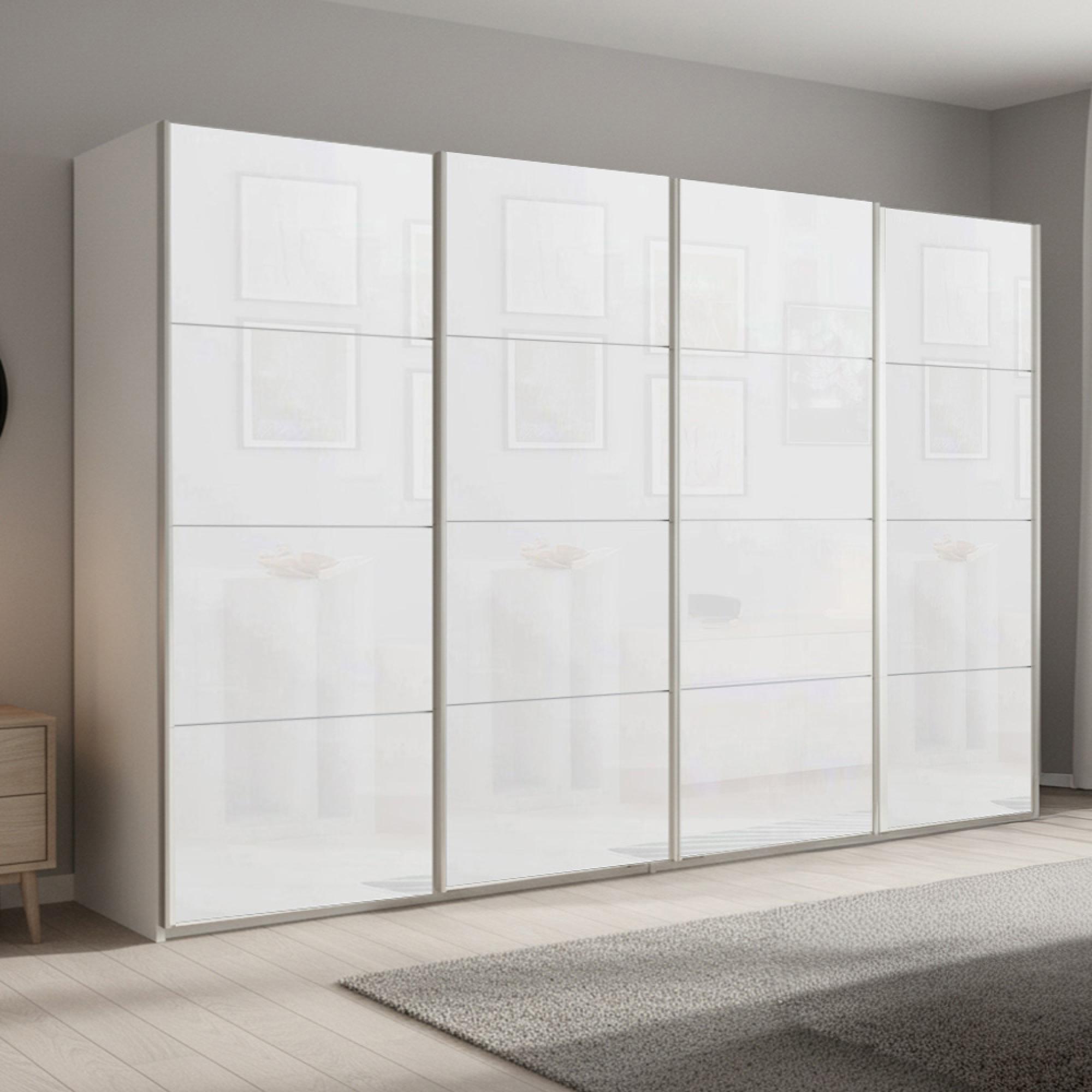 Beluga Extra Sliding Wardrobe - 361cm - 4 Door - Alpine White & White Glass