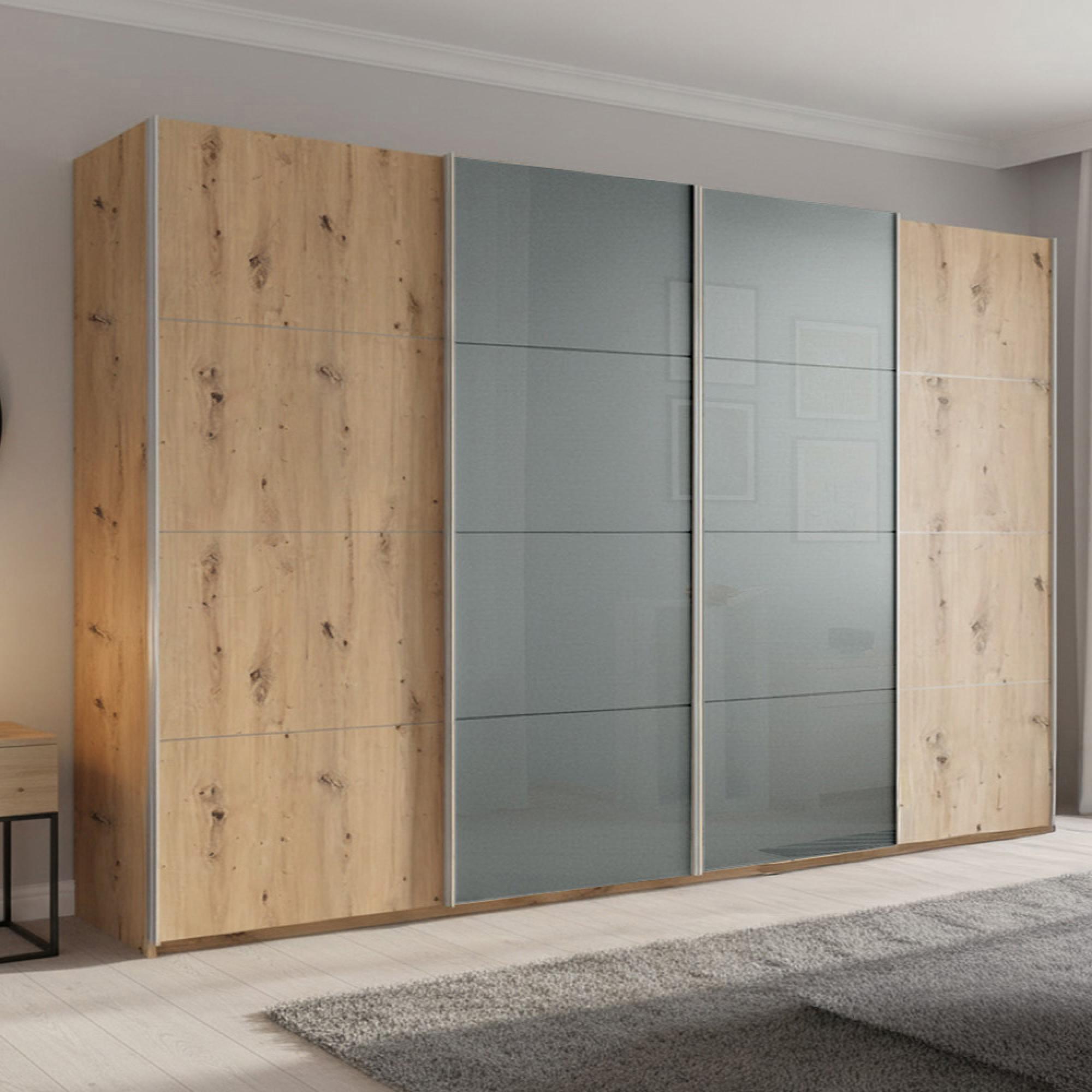 Beluga Extra Sliding Wardrobe - 361cm - 4 Door - Artisan Oak & Silk Grey Glass Front