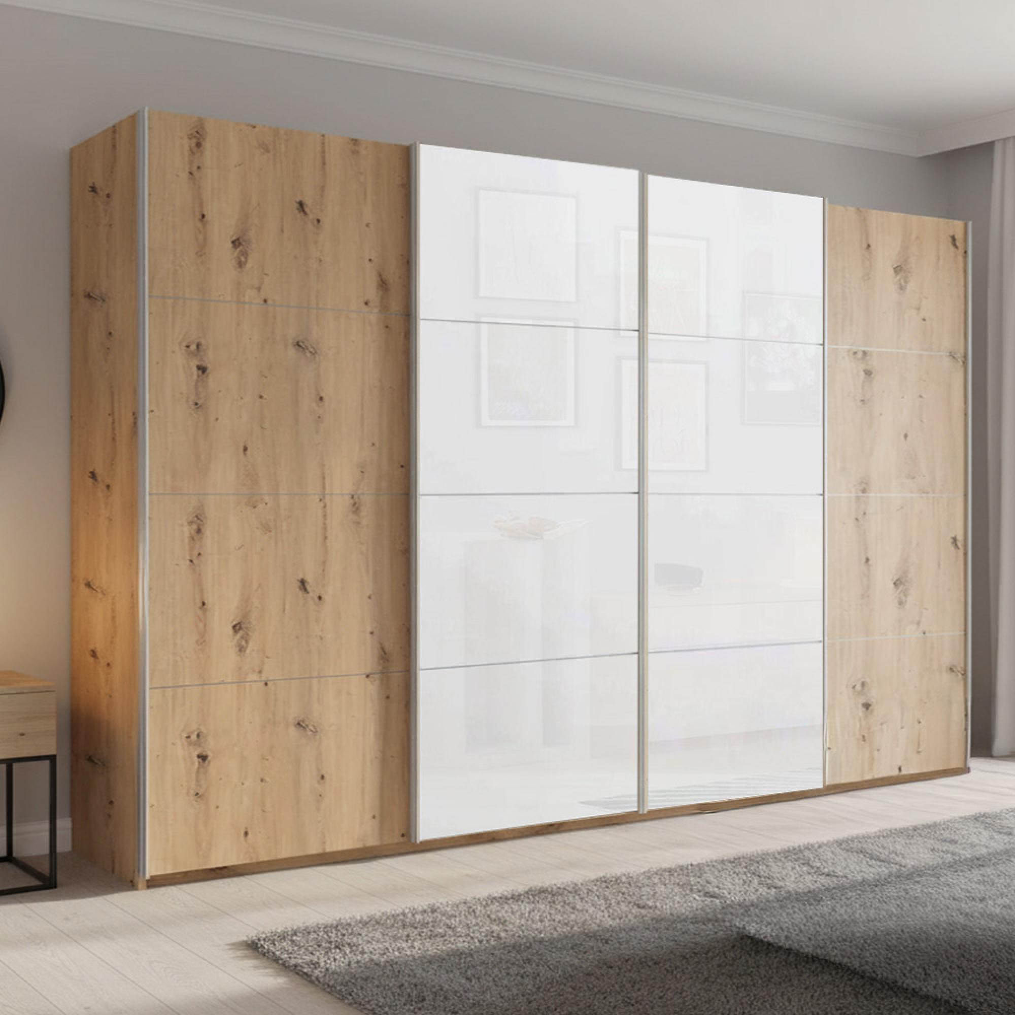 Beluga Extra Sliding Wardrobe - 361cm - 4 Door - Artisan Oak & White Glass Front