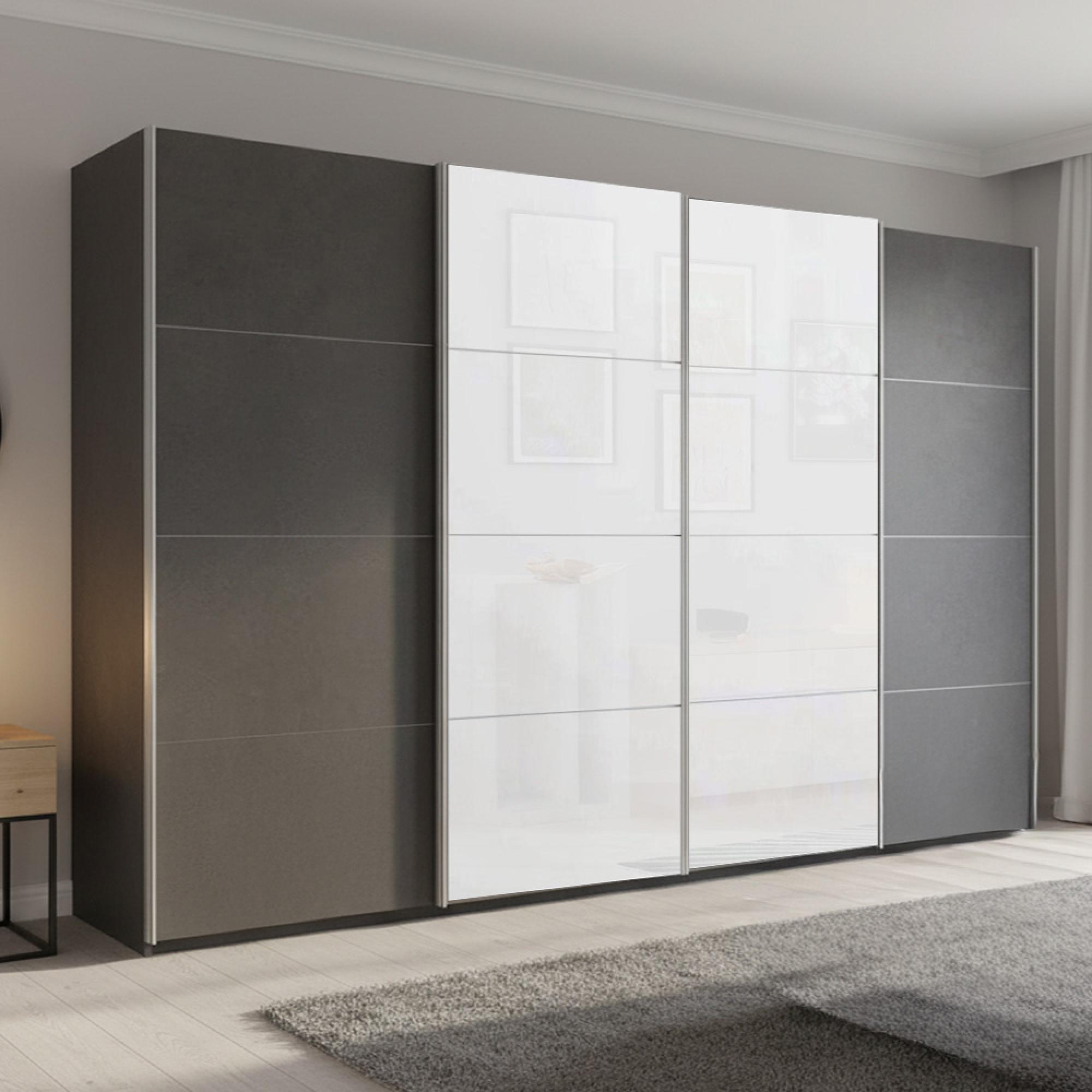Beluga Extra Sliding Wardrobe - 361cm - 4 Door - Graphite & White Glass Front