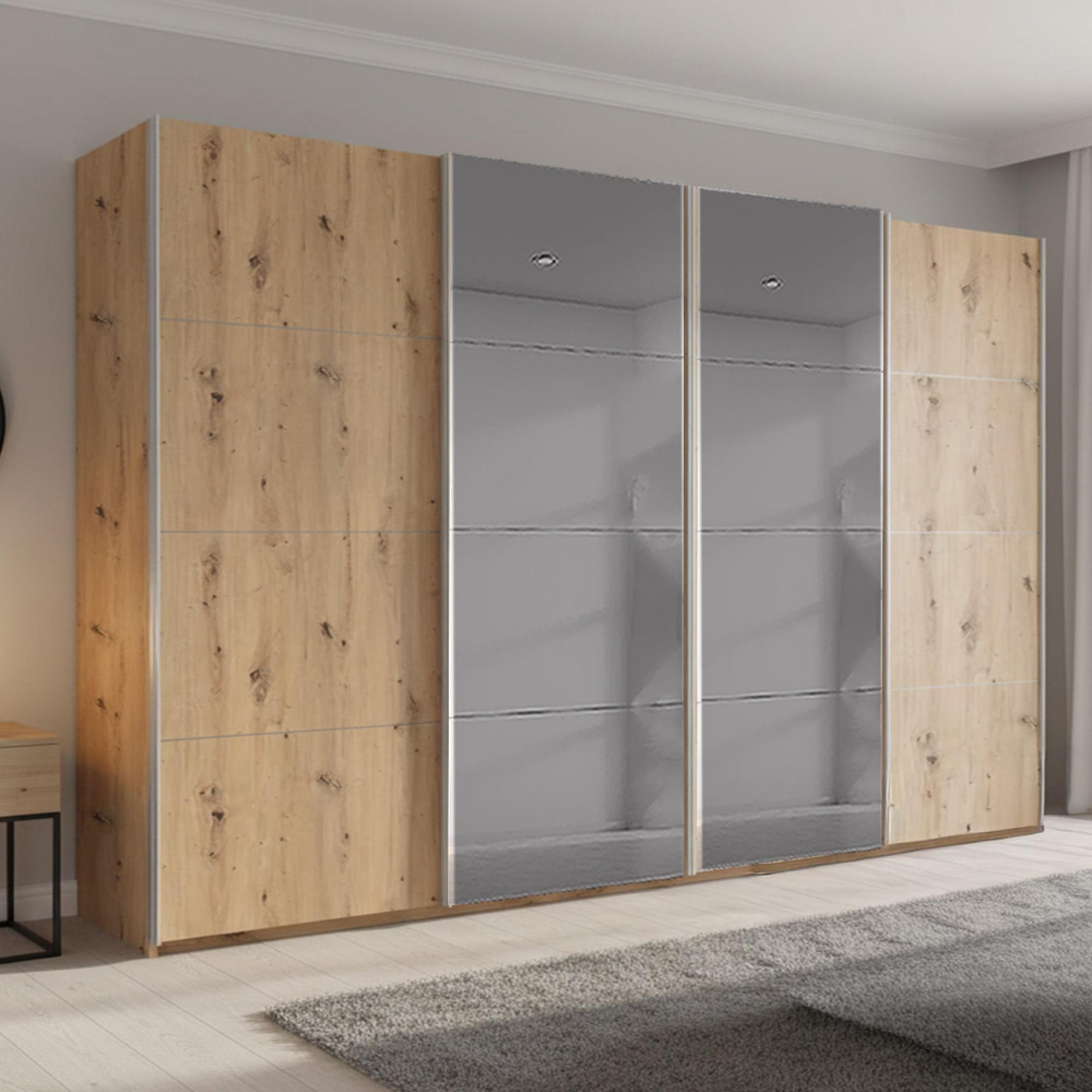 Rauch Beluga Extra 361cm 4 Door Sliding Wardrobe with Grey Mirror - Artisan Oak