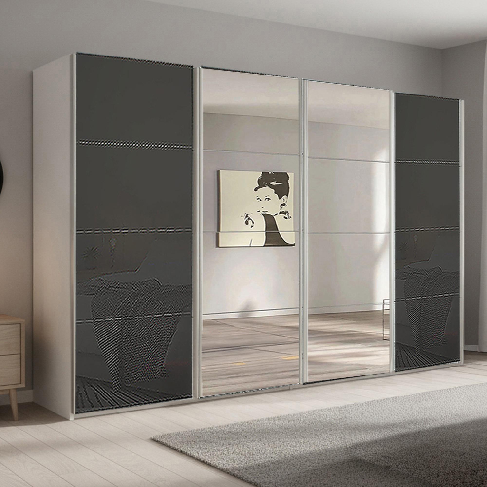 Beluga Extra Sliding Wardrobe - 361cm - 4 Door - Mirror - Alpine White & Basalt Glass