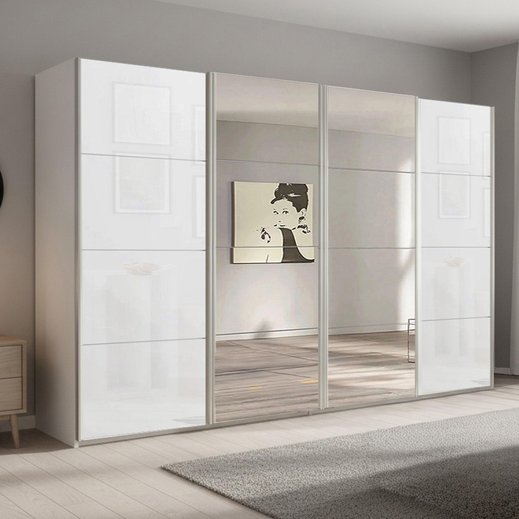 Beluga Extra Sliding Wardrobe - 361cm - 4 Door - Mirror - Alpine White & White Glass