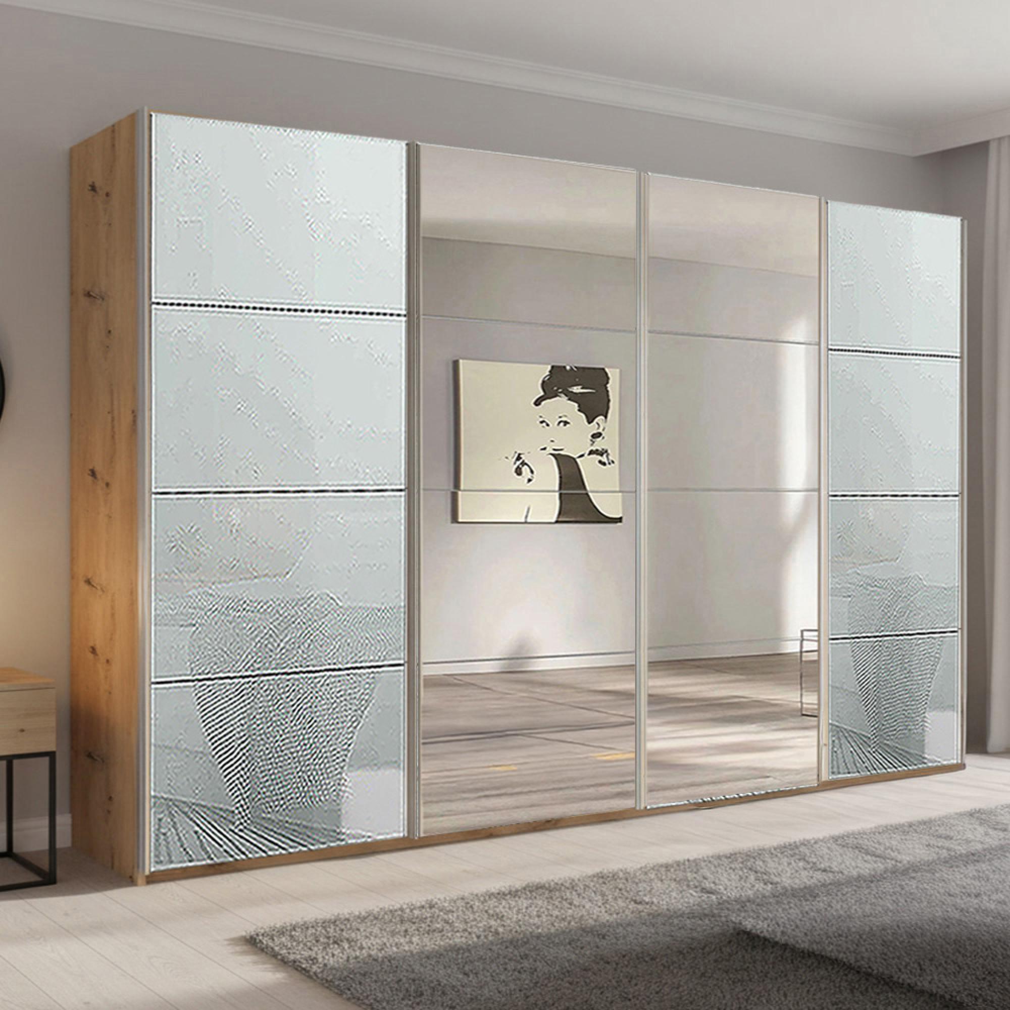 Beluga Extra Sliding Wardrobe - 361cm - 4 Door - Mirror - Artisan Oak & Silk Grey Glass