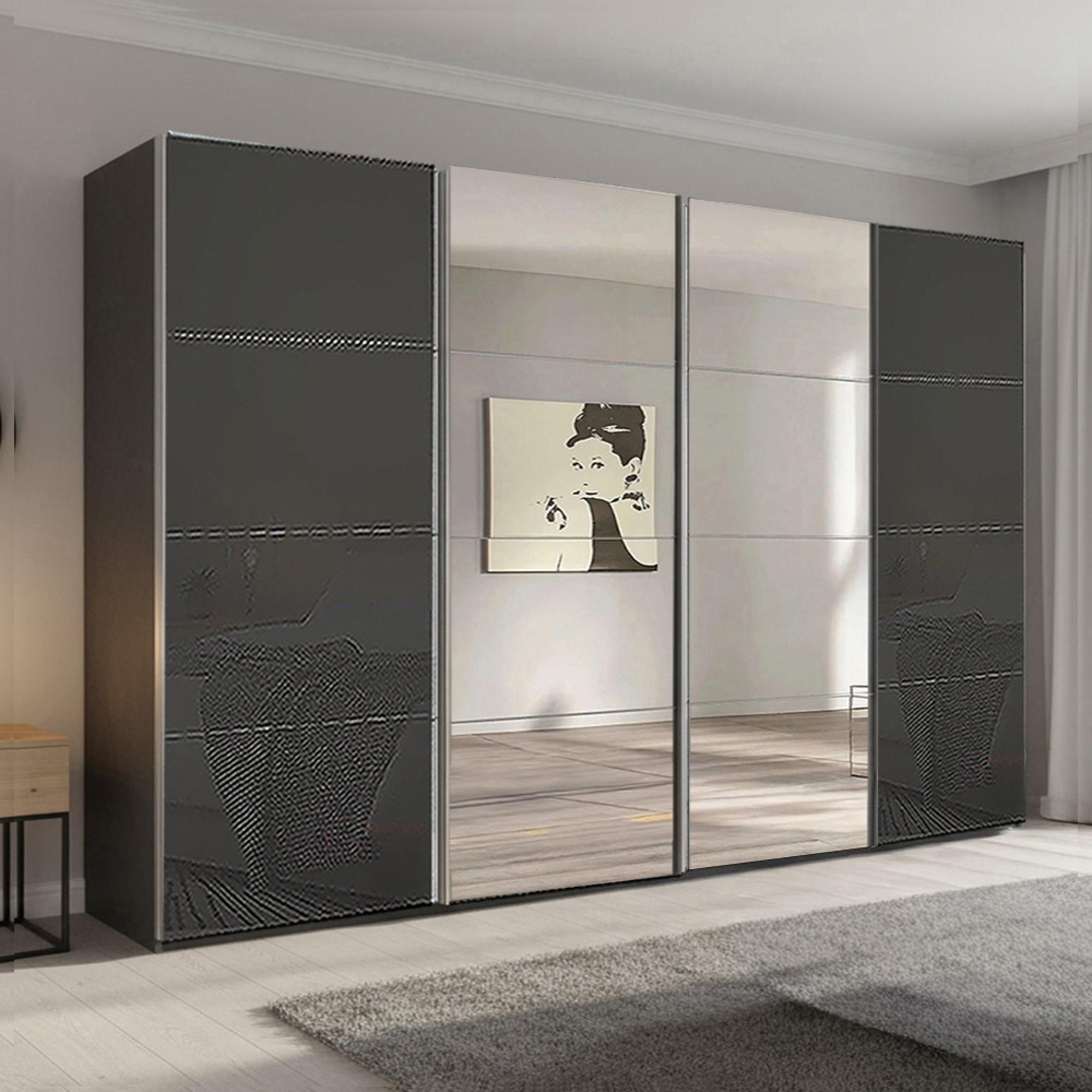 Beluga Extra Sliding Wardrobe - 361cm - 4 Door - Mirror - Graphite & Basalt Glass
