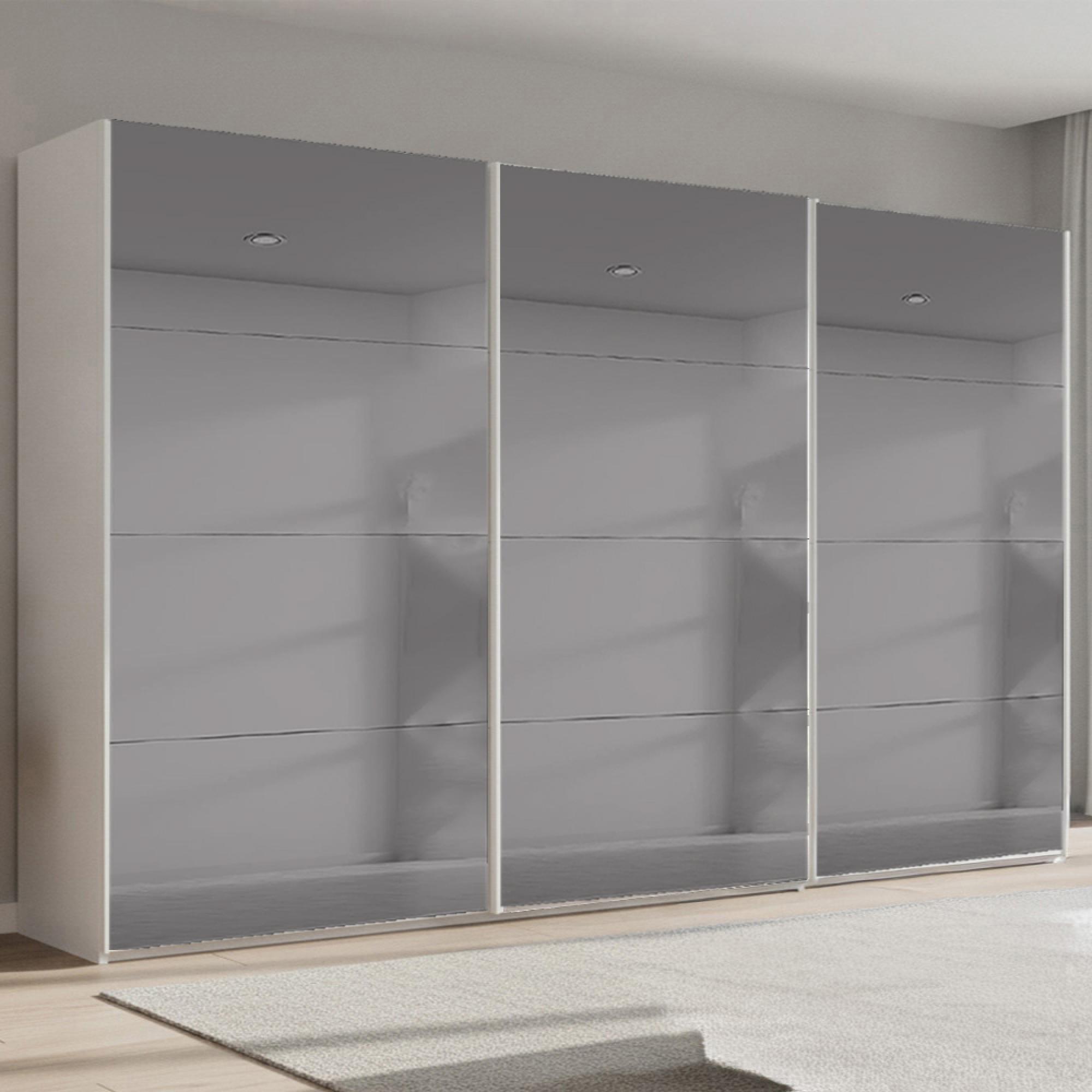 Beluga Extra Sliding Wardrobe - 406cm - 3 Door - Grey Mirrored - Alpine White