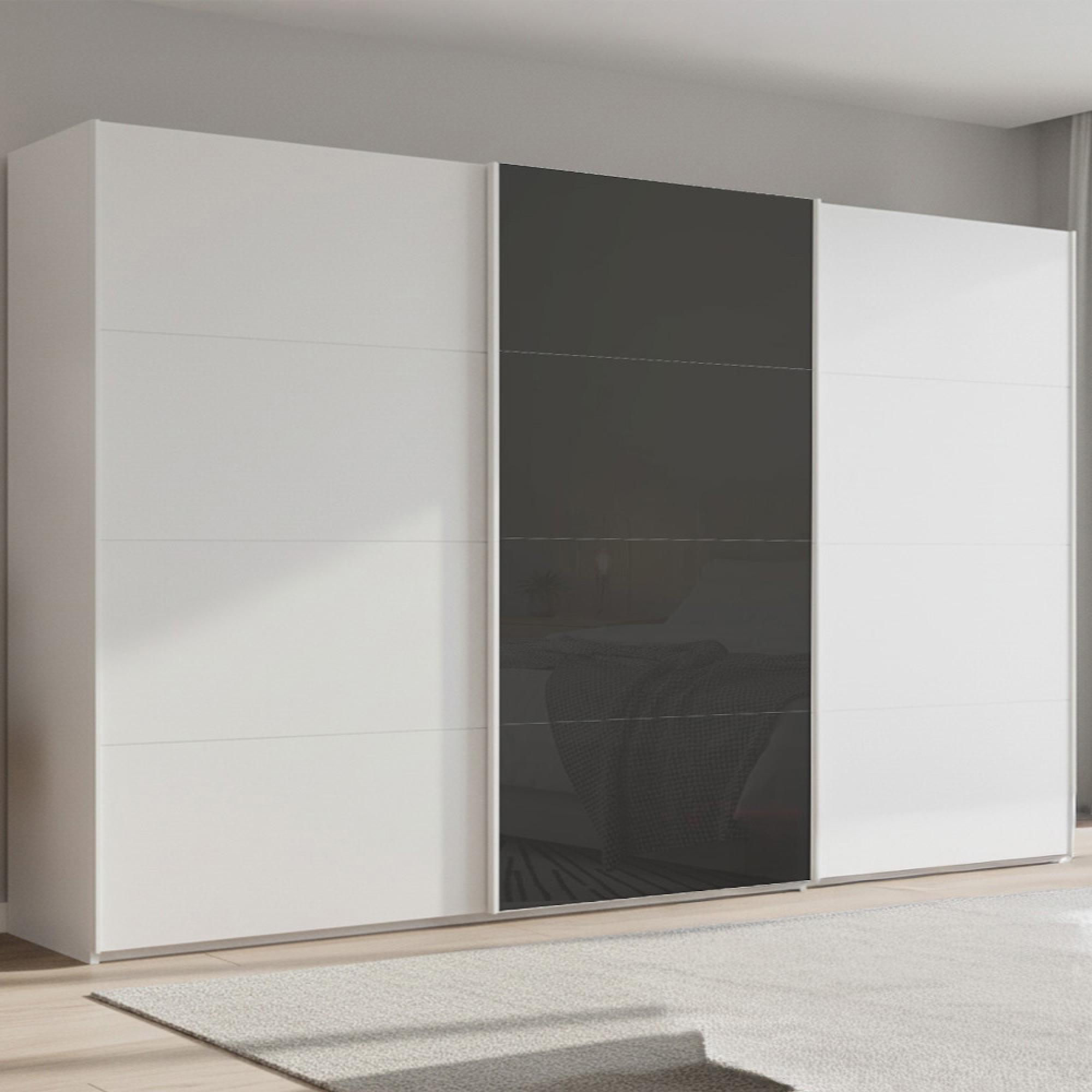 Beluga Extra Sliding Wardrobe - 406cm - 3 Door - Alpine White & Basalt Glass Front