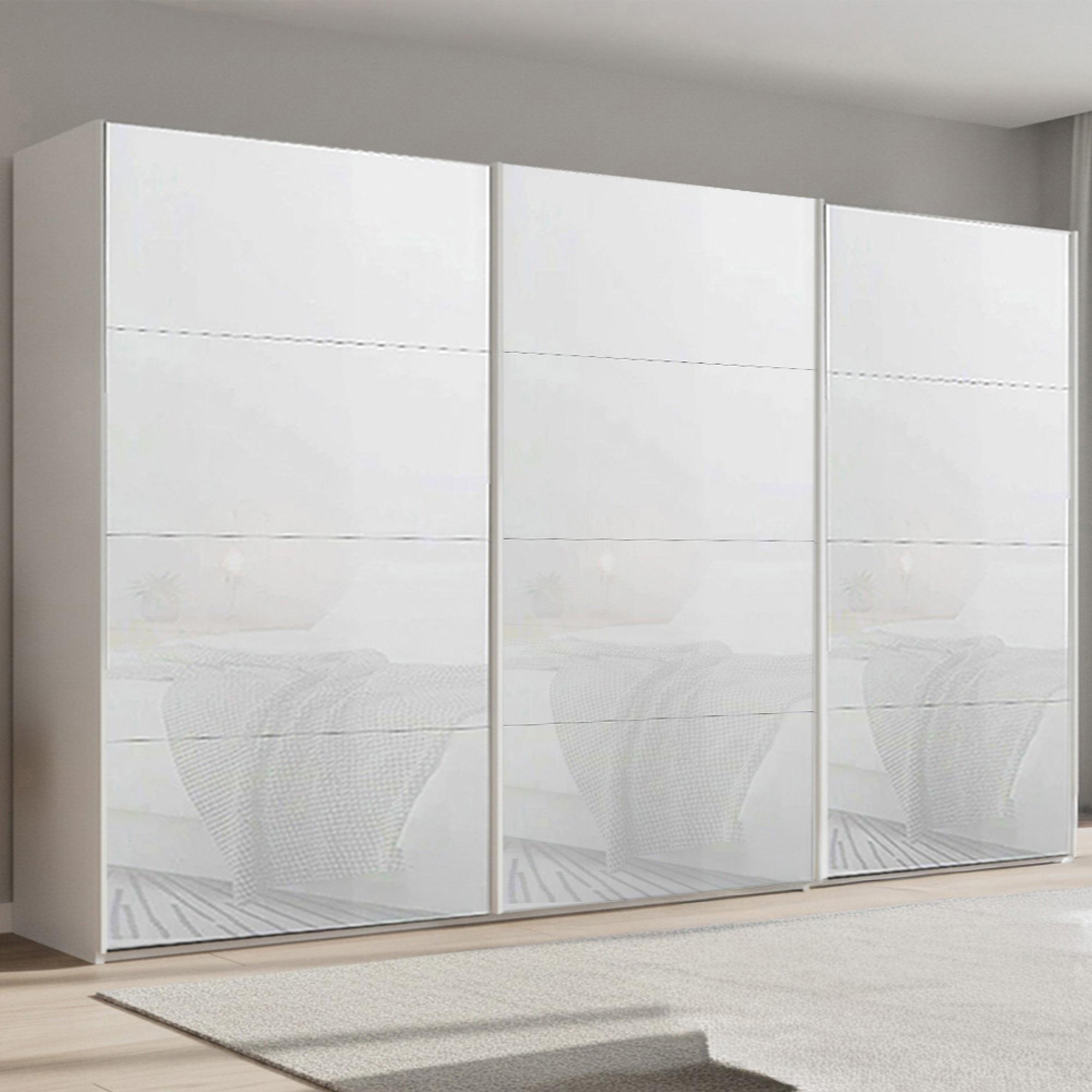 Beluga Extra Sliding Wardrobe - 406cm - 3 Door - Alpine White & White Glass