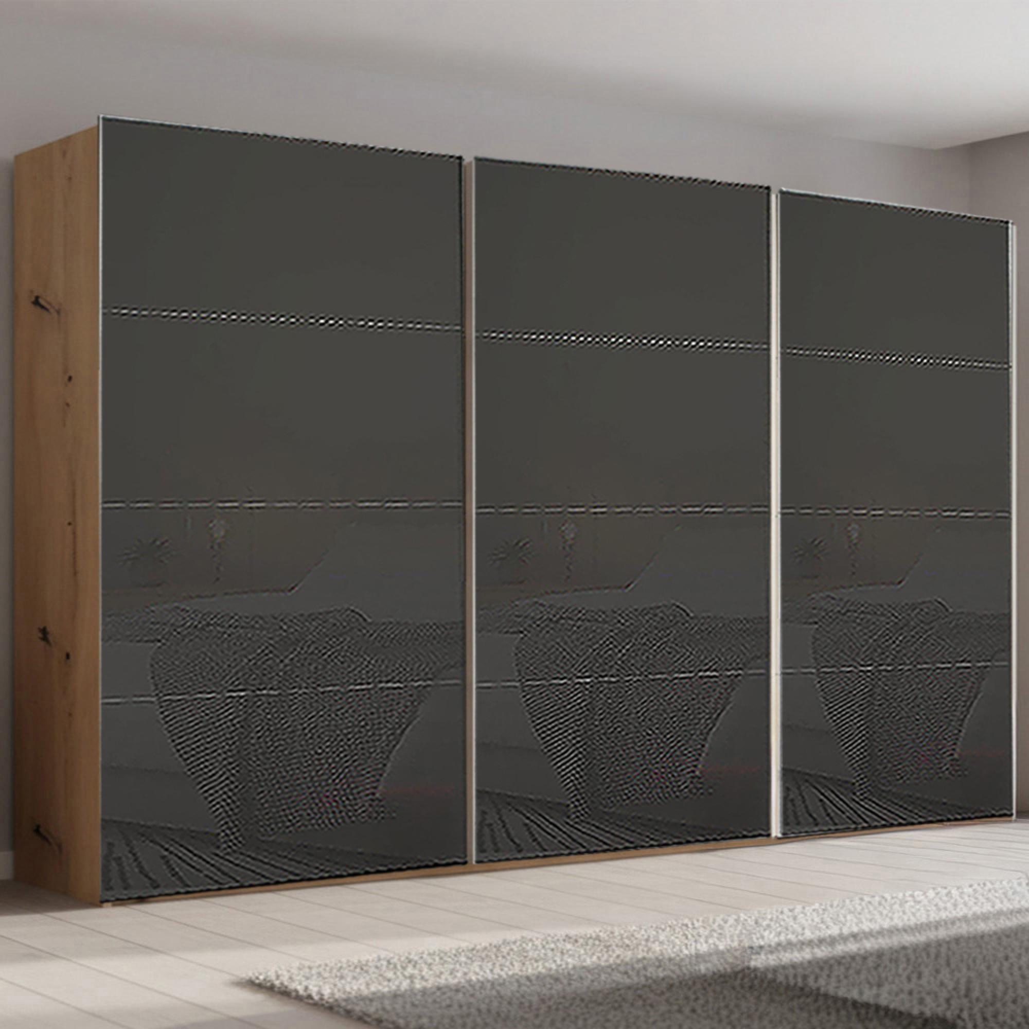 Beluga Extra Sliding Wardrobe - 406cm - 3 Door - Artisan Oak & Basalt Glass