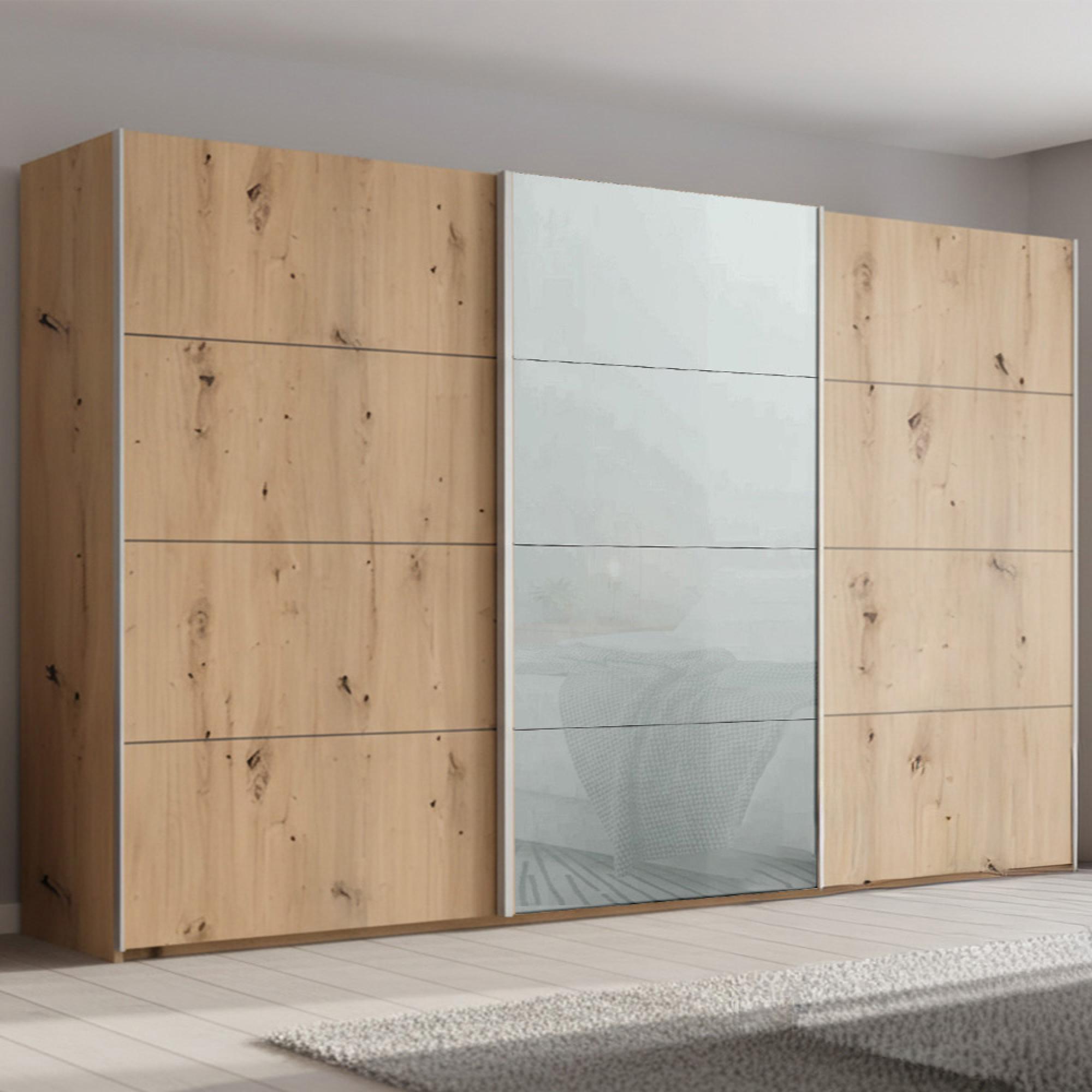 Beluga Extra Sliding Wardrobe - 406cm - 3 Door - Artisan Oak & Silk Grey Glass Front