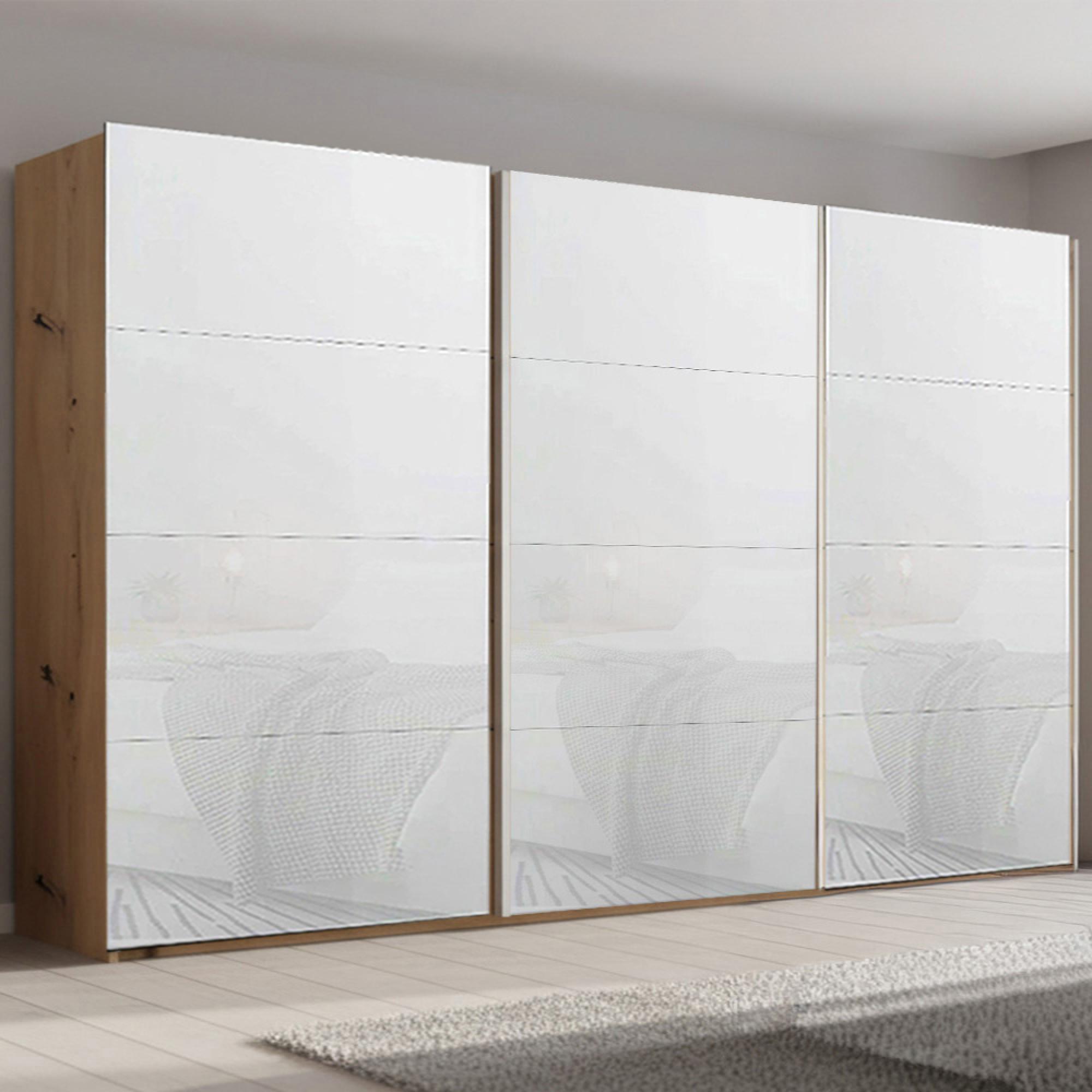 Beluga Extra Sliding Wardrobe - 406cm - 3 Door - Artisan Oak & White Glass