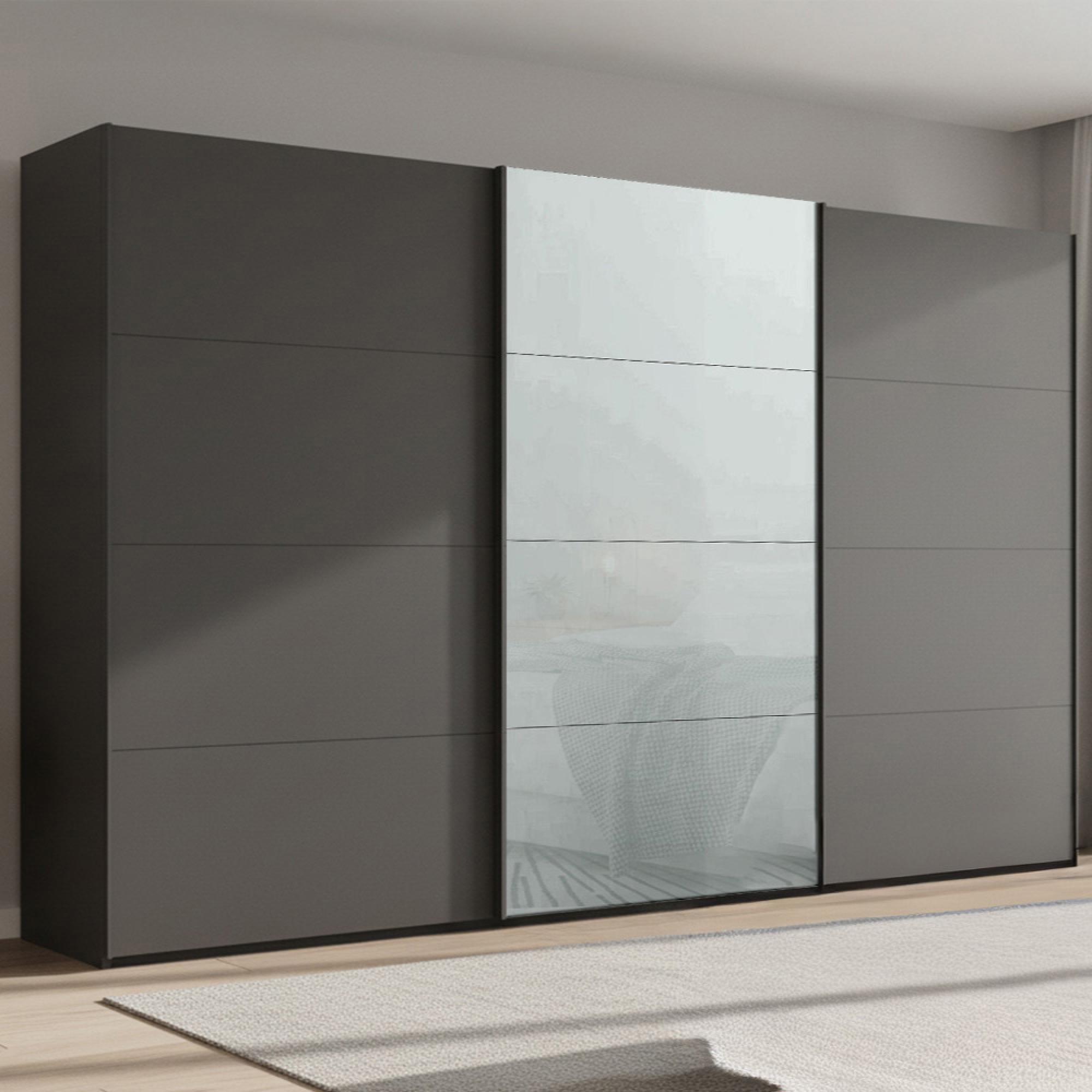 Beluga Extra Sliding Wardrobe - 406cm - 3 Door - Graphite & Silk Grey Glass Front