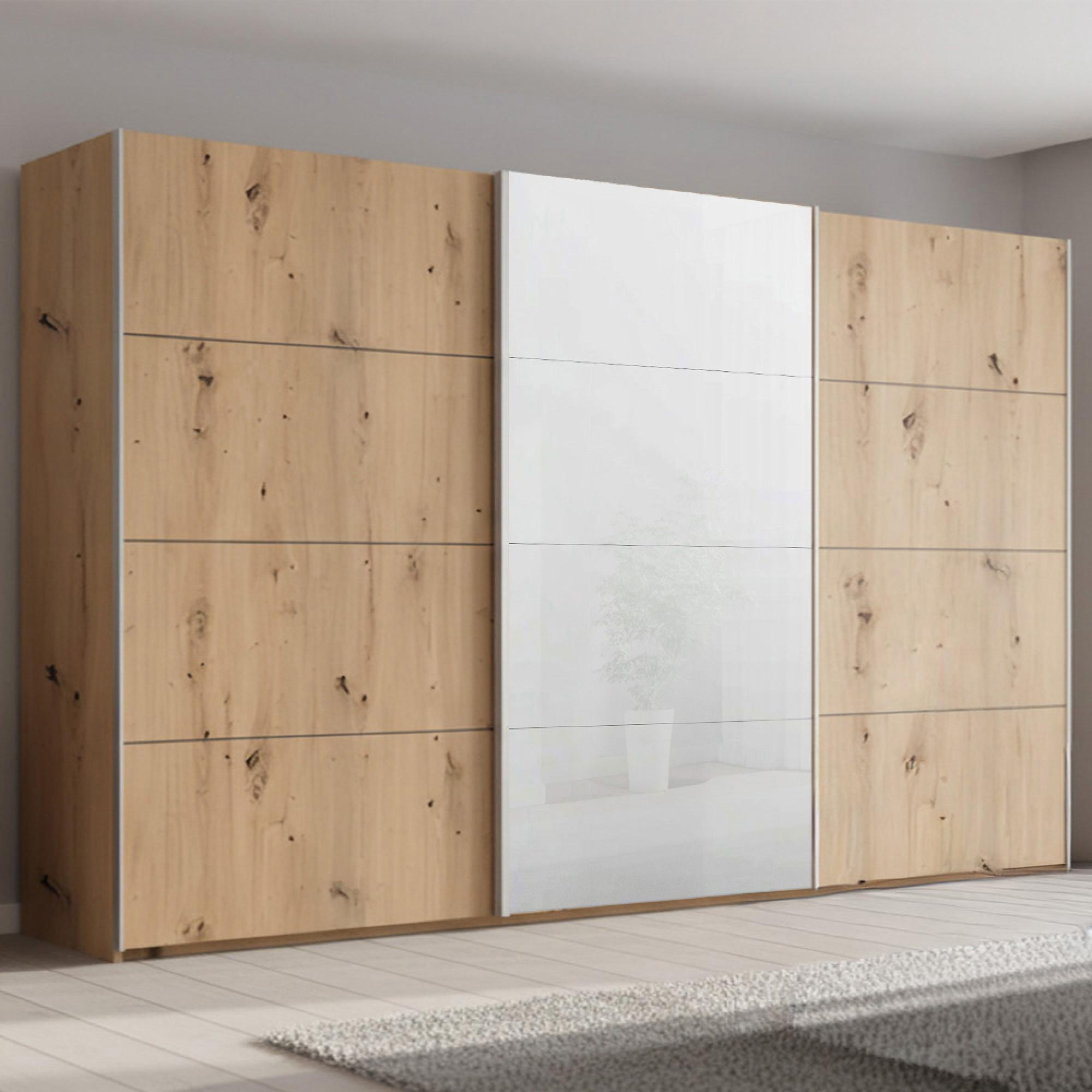Beluga Extra Sliding Wardrobe - 406cm - 3 Door - White High Gloss & Artisan Oak Front