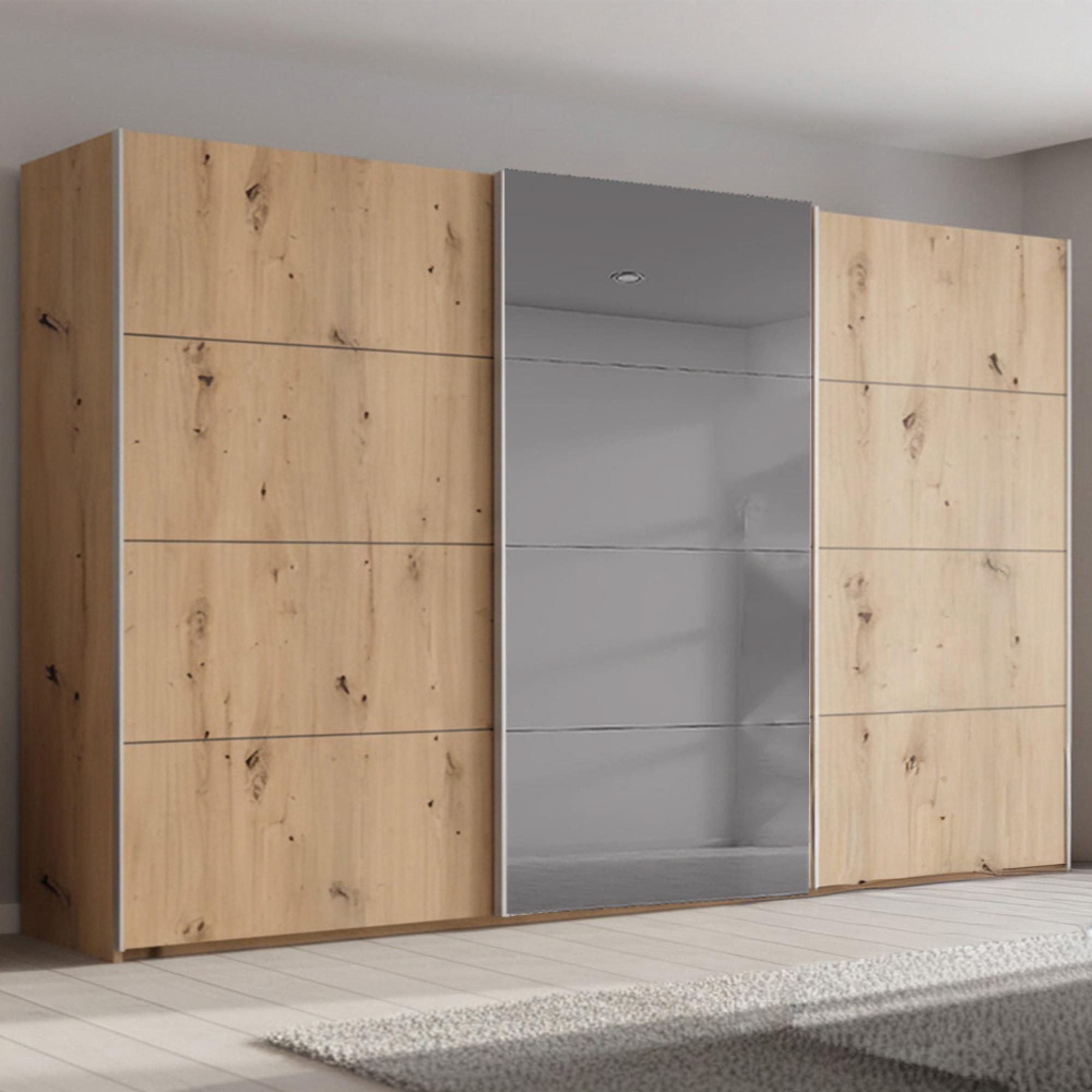 Rauch Beluga Extra 406cm 3 Door Sliding Wardrobe with Grey Mirror - Artisan Oak