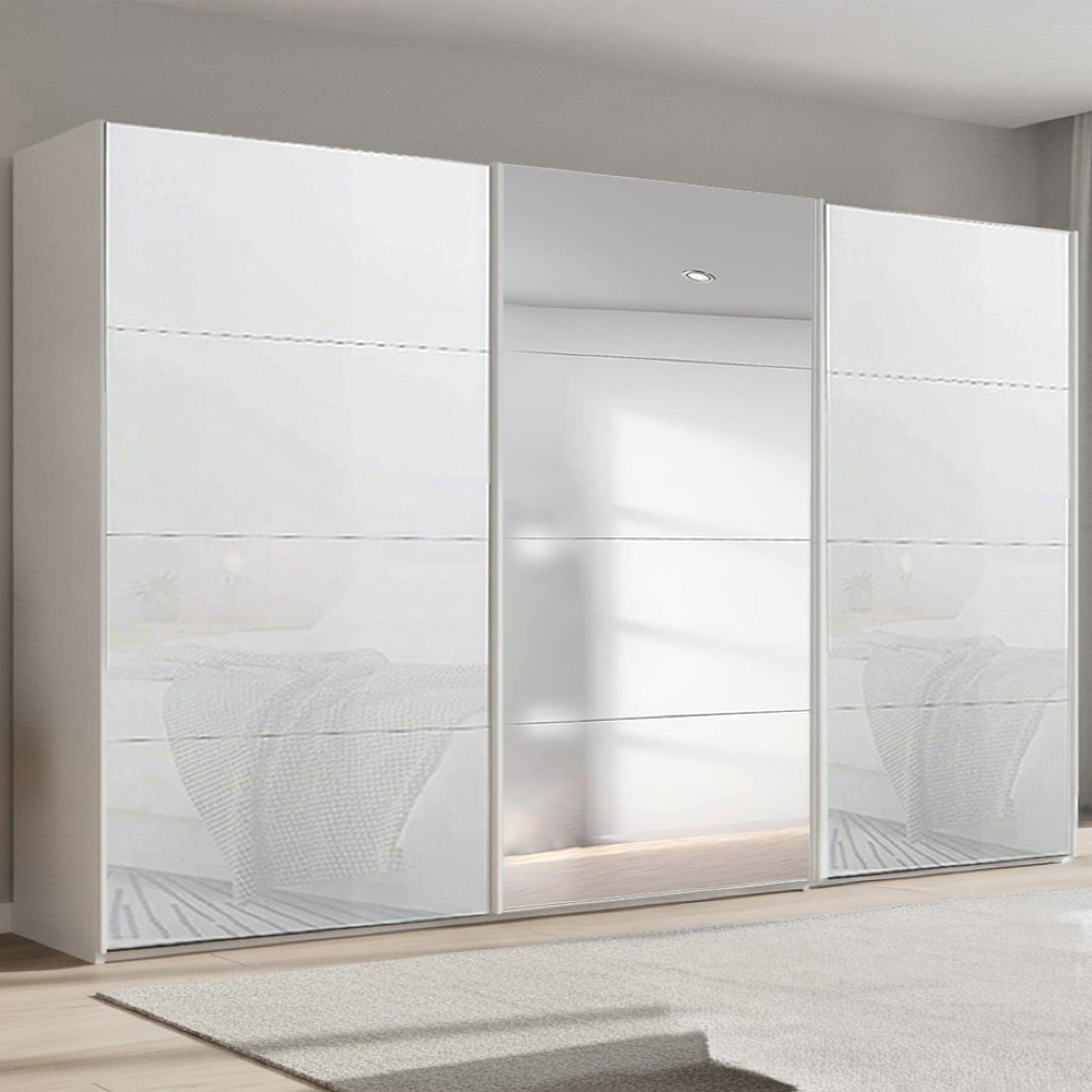 Beluga Extra Sliding Wardrobe - 406cm - 3 Door - Mirror - Alpine White & White Glass
