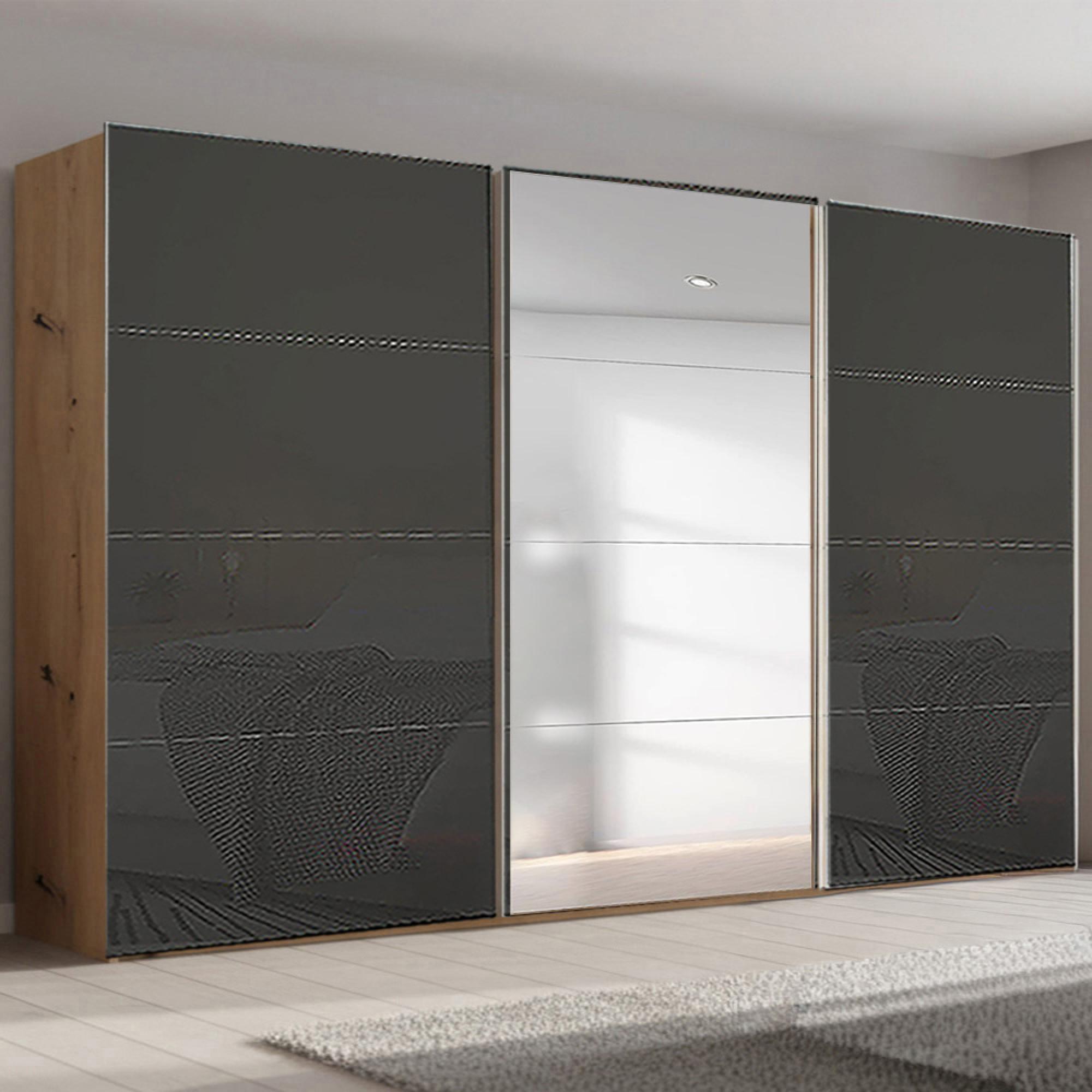 Beluga Extra Sliding Wardrobe - 406cm - 3 Door - Mirror - Artisan Oak & Basalt Glass