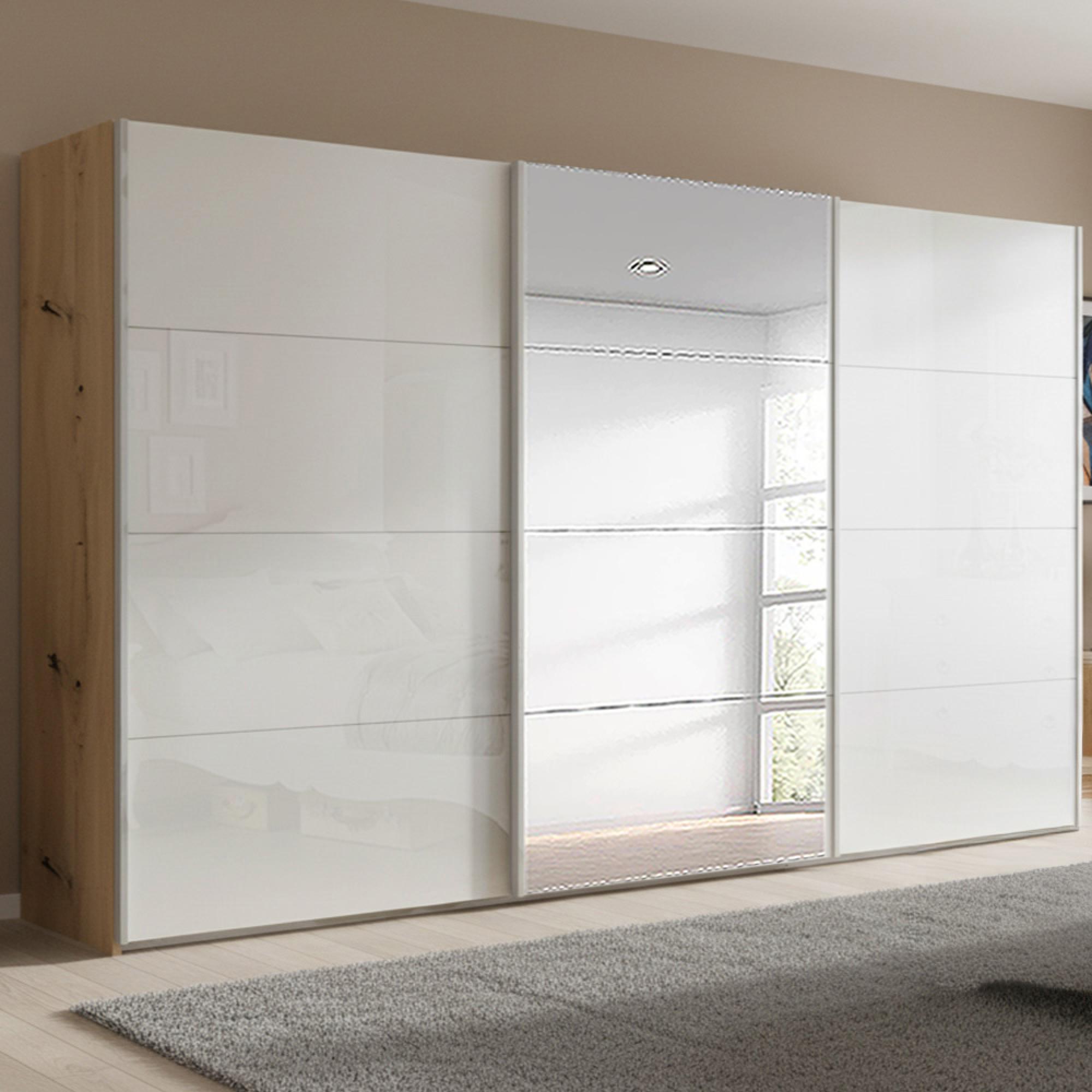 Beluga Extra Sliding Wardrobe - 406cm - 3 Door - Mirror - Artisan Oak & White High Gloss